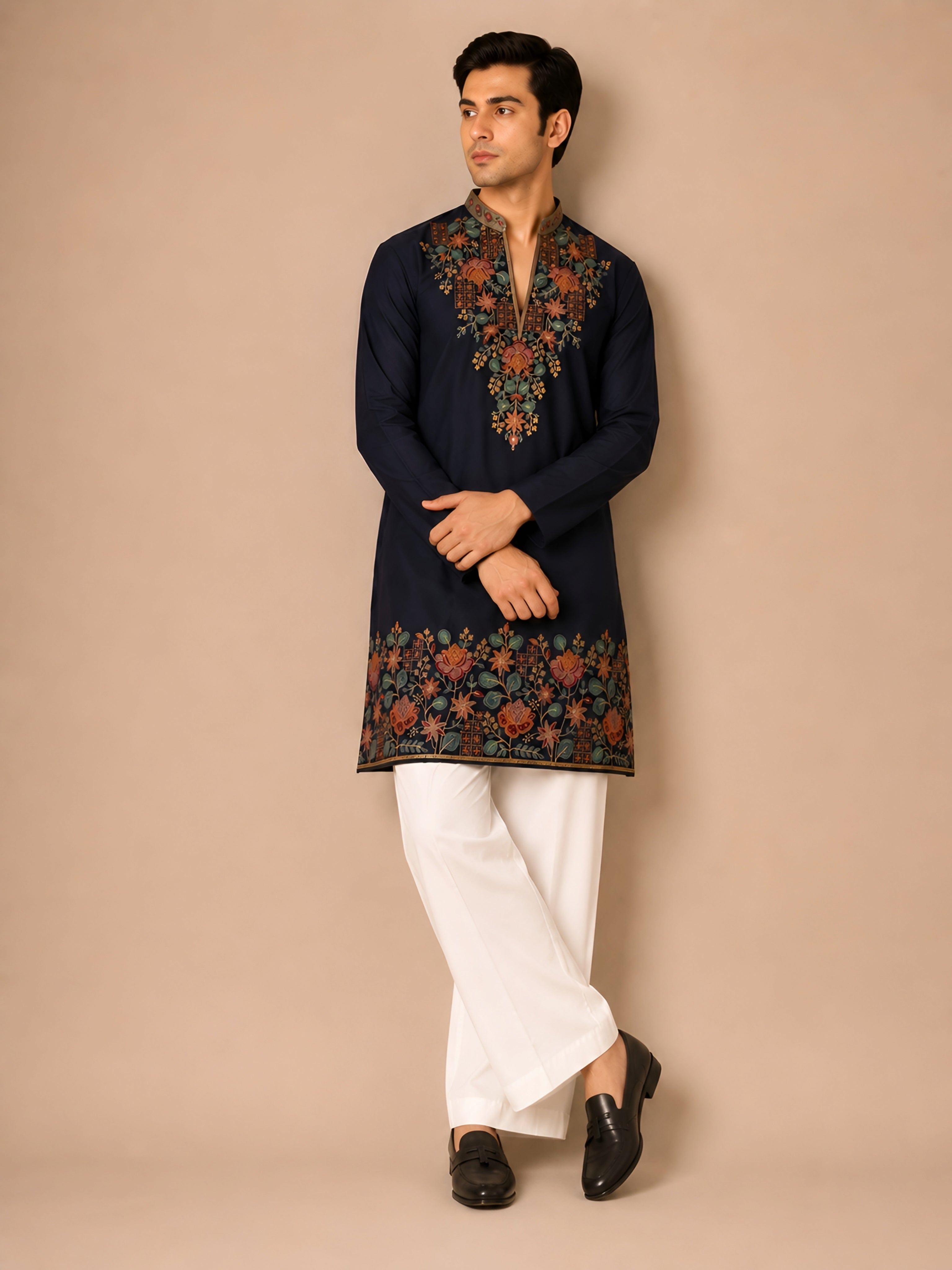 Royal Navy V-Neck Embroidered Men’s Kurta