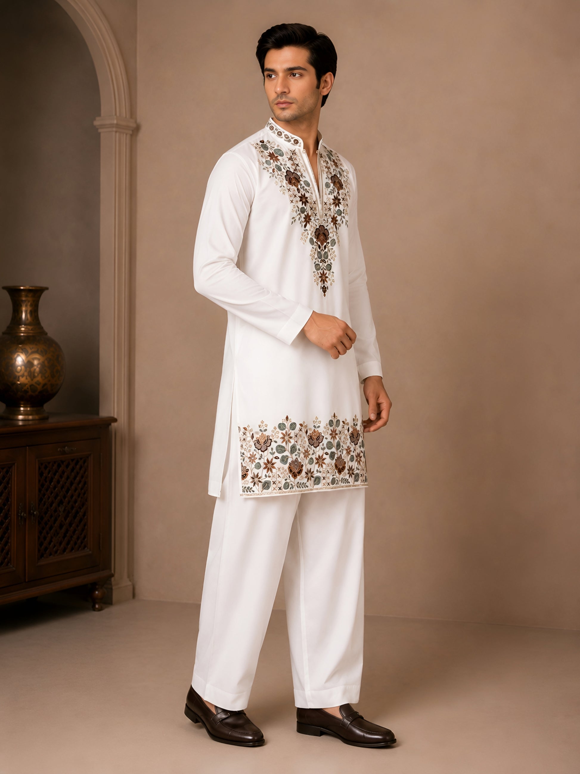 Royal Ivory V-Neck Floral Embroidered Kurta