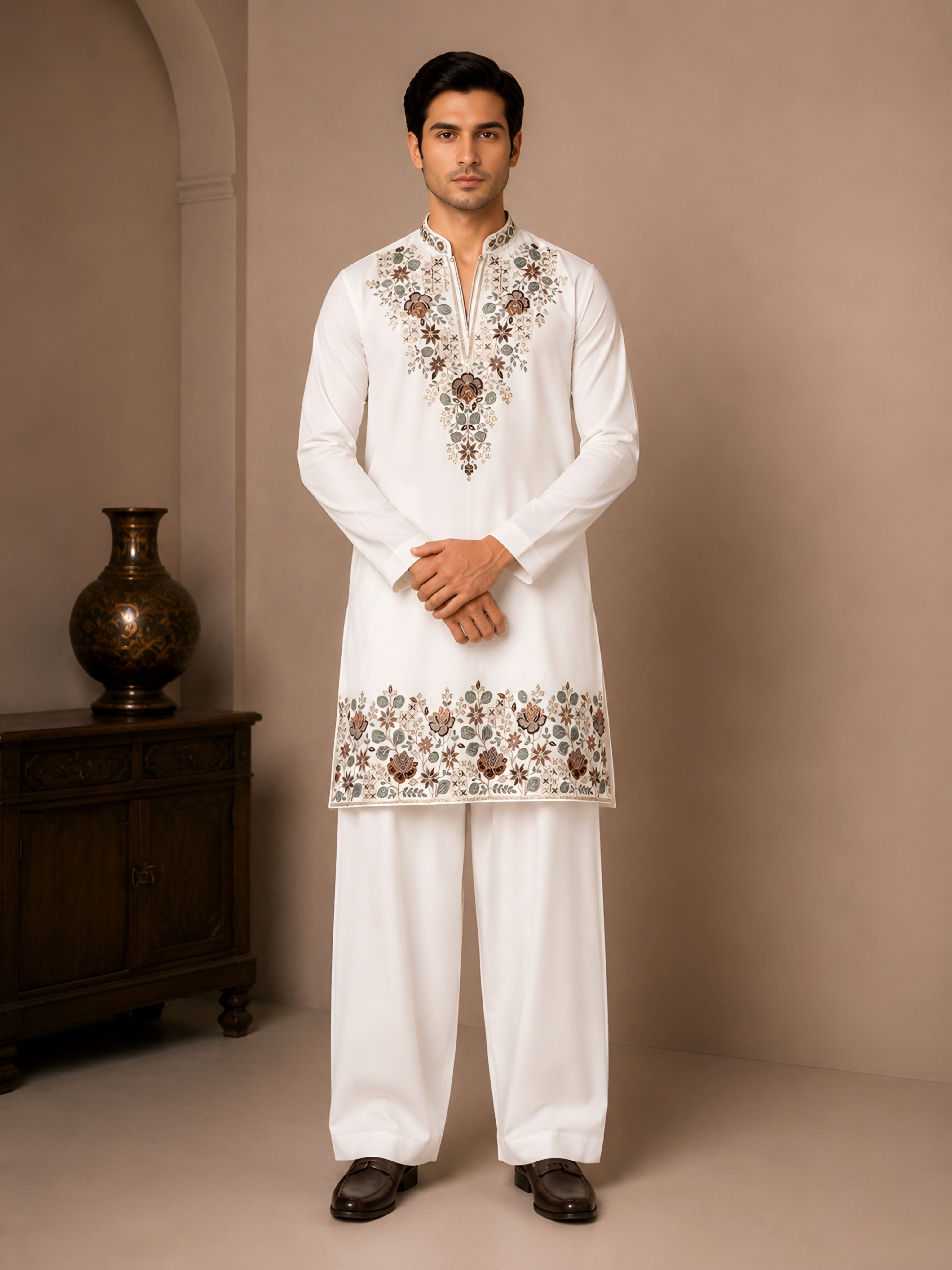 Royal Ivory V-Neck Floral Embroidered Kurta