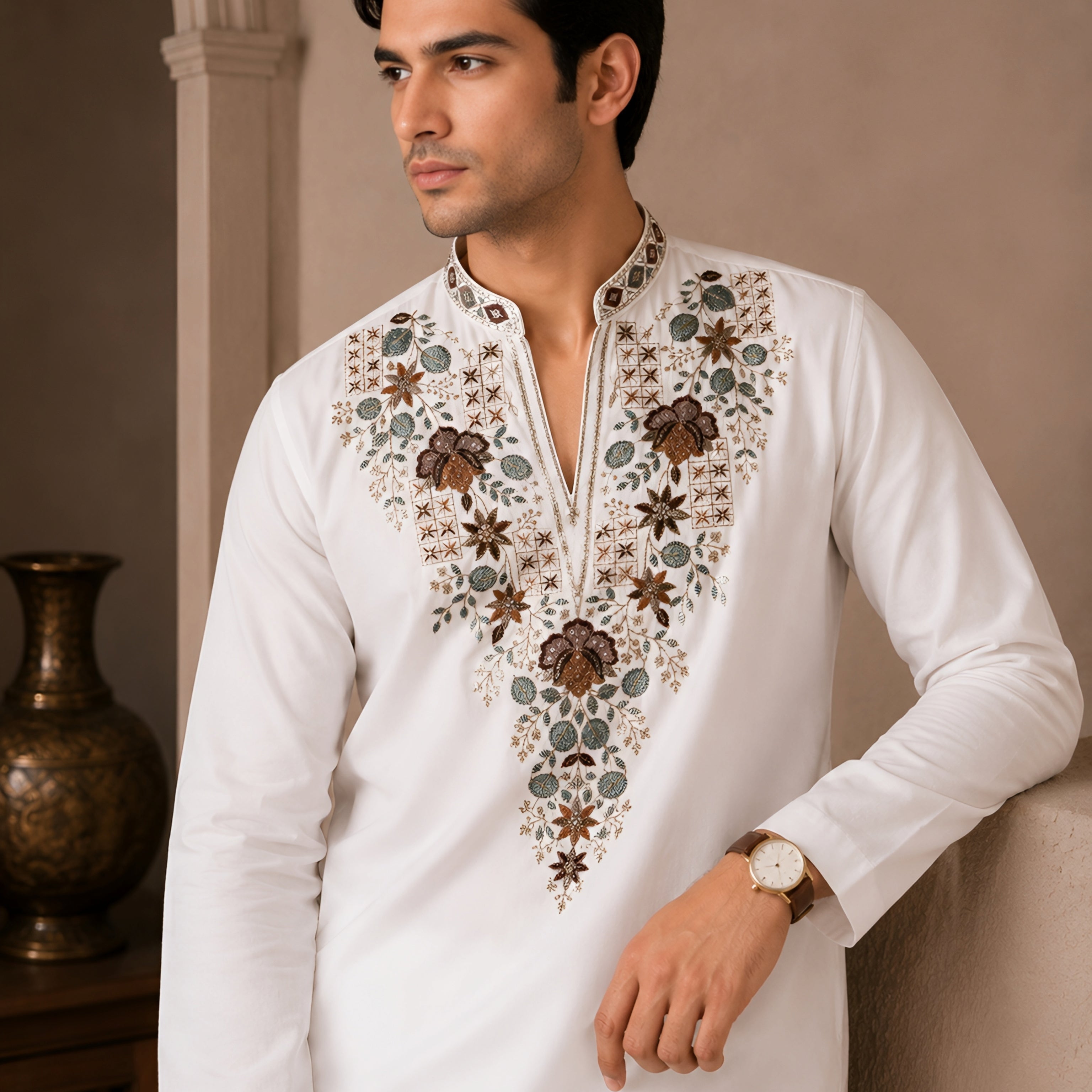 Royal Ivory V-Neck Floral Embroidered Kurta