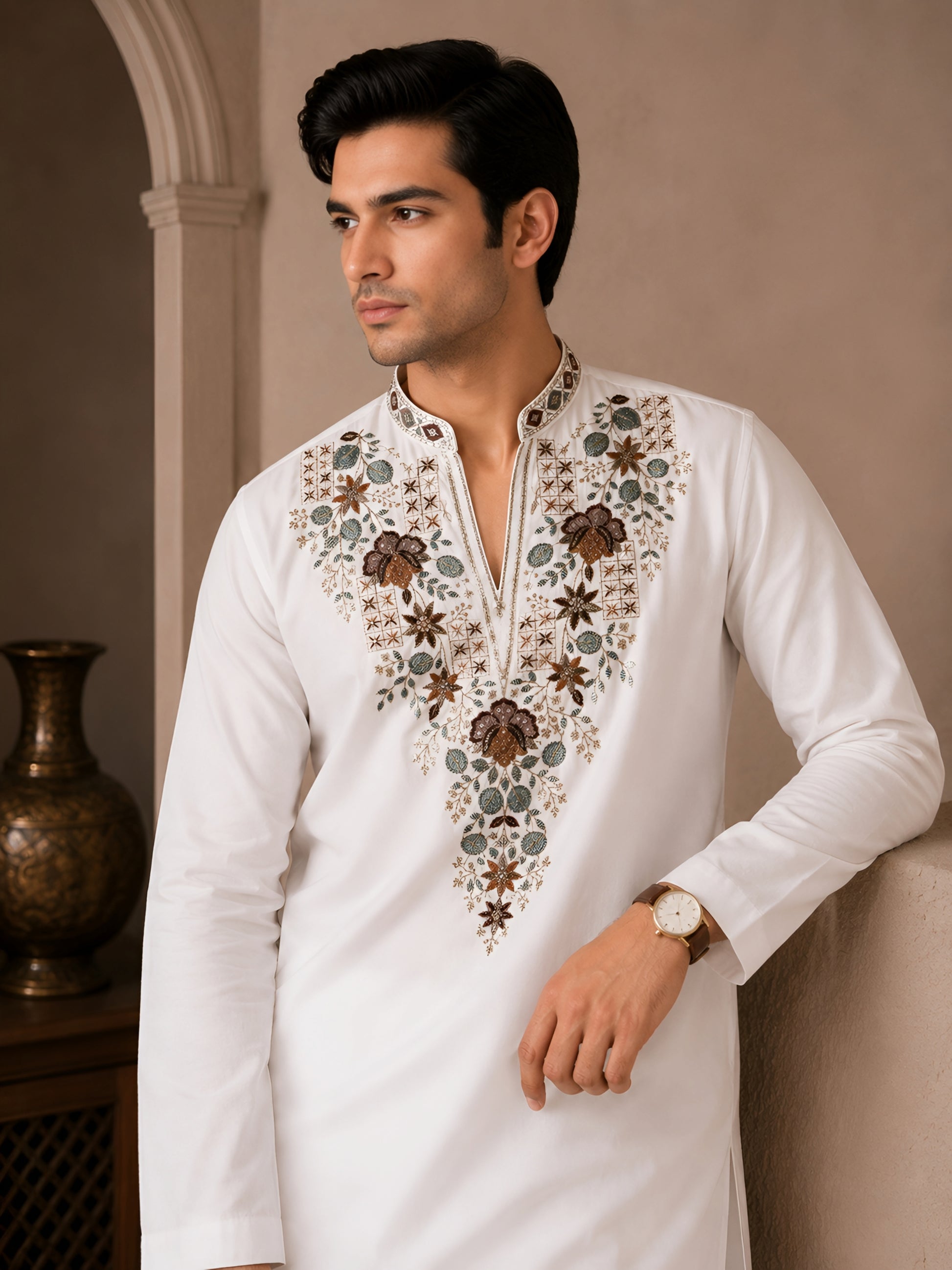 Royal Ivory V-Neck Floral Embroidered Kurta