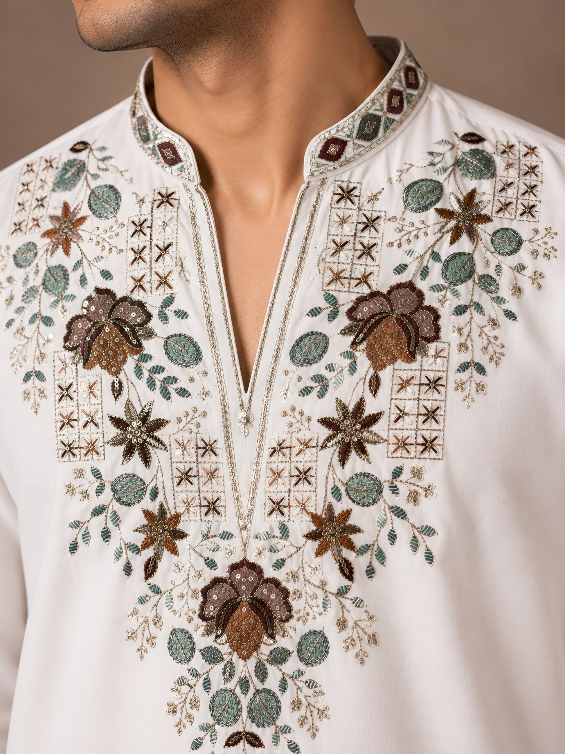 Royal Ivory V-Neck Floral Embroidered Kurta