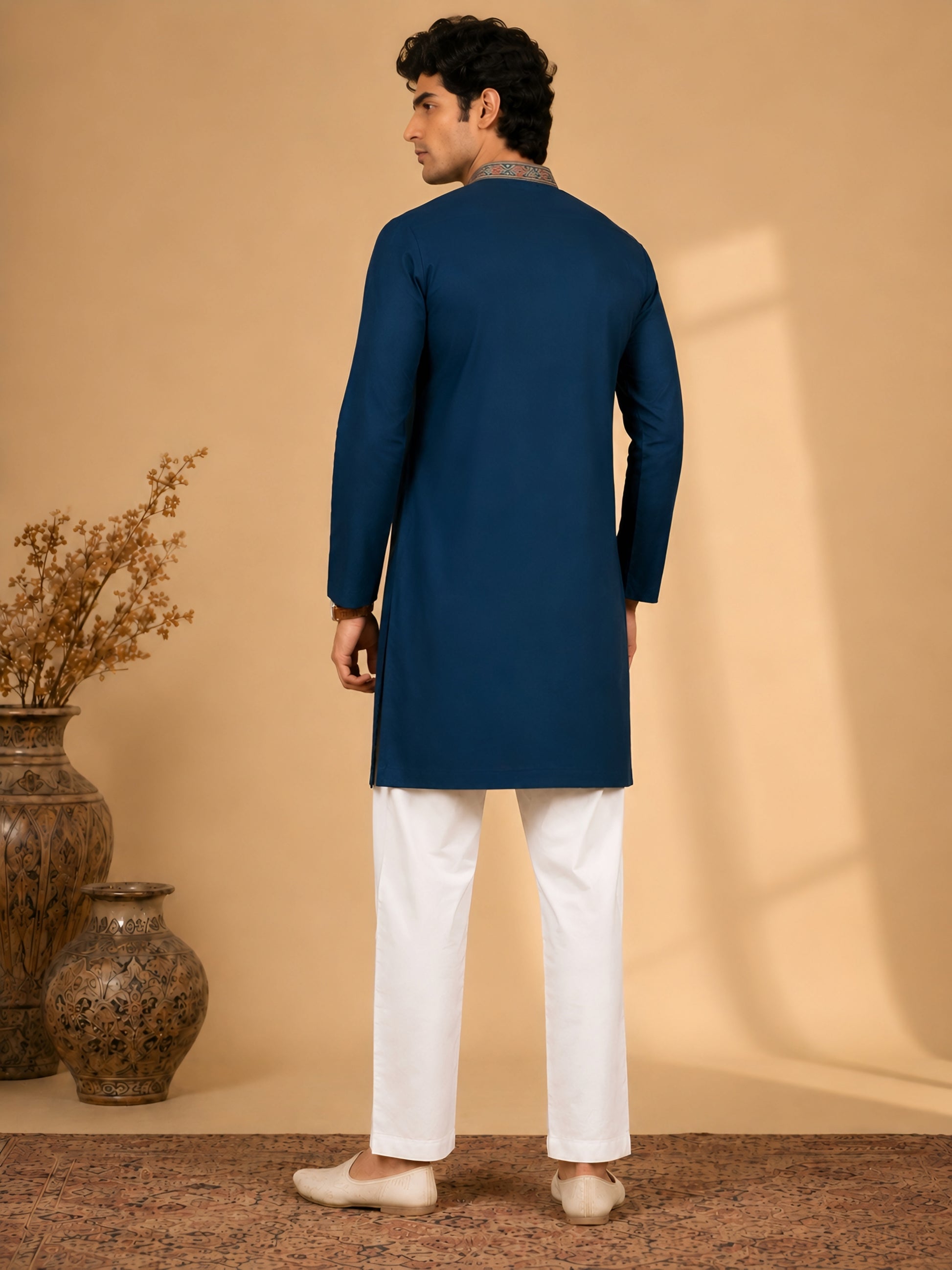 Midnight Rama Blue V-Neck Floral Embroidered Kurta