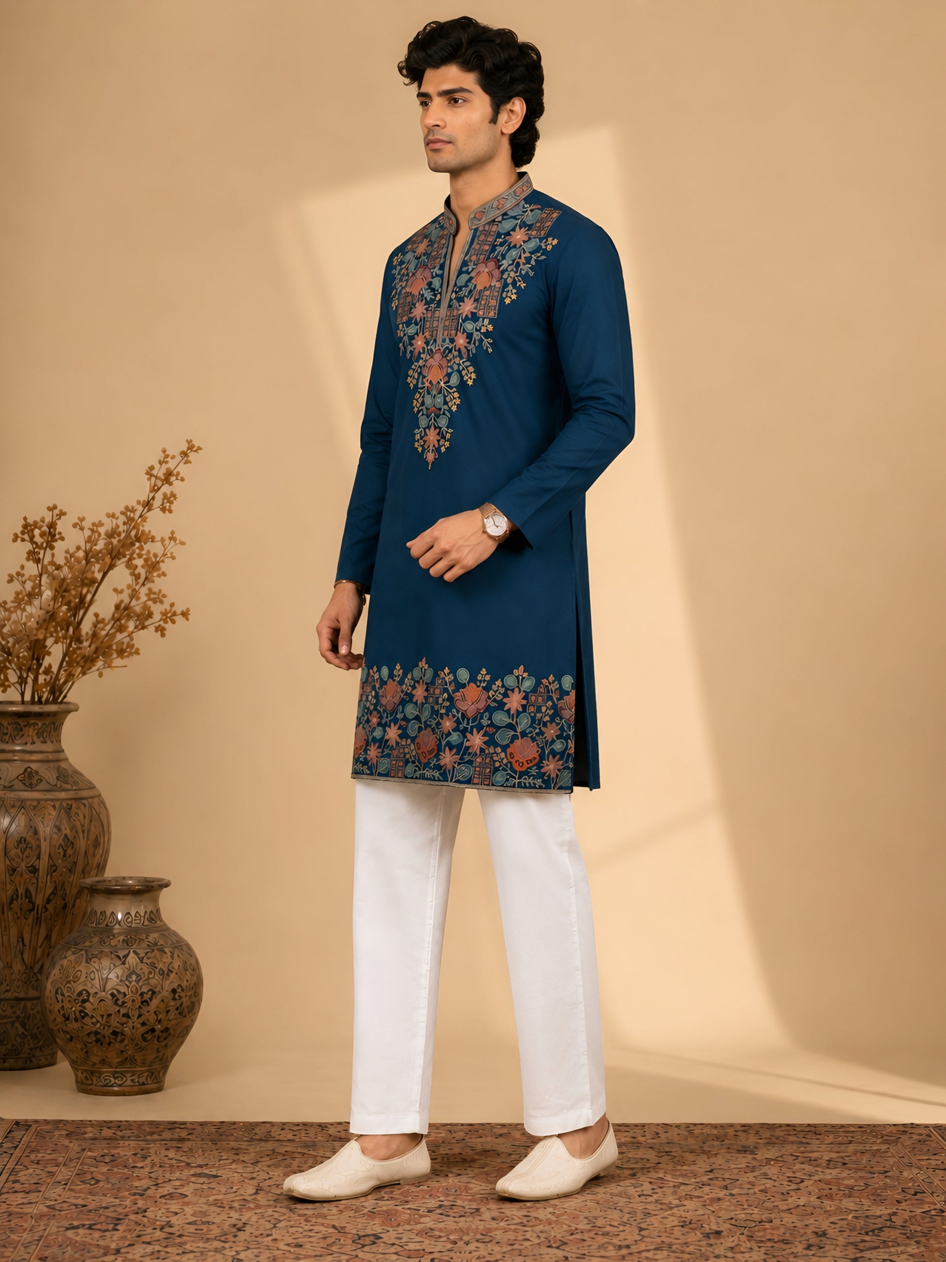 Midnight Rama Blue V-Neck Floral Embroidered Kurta