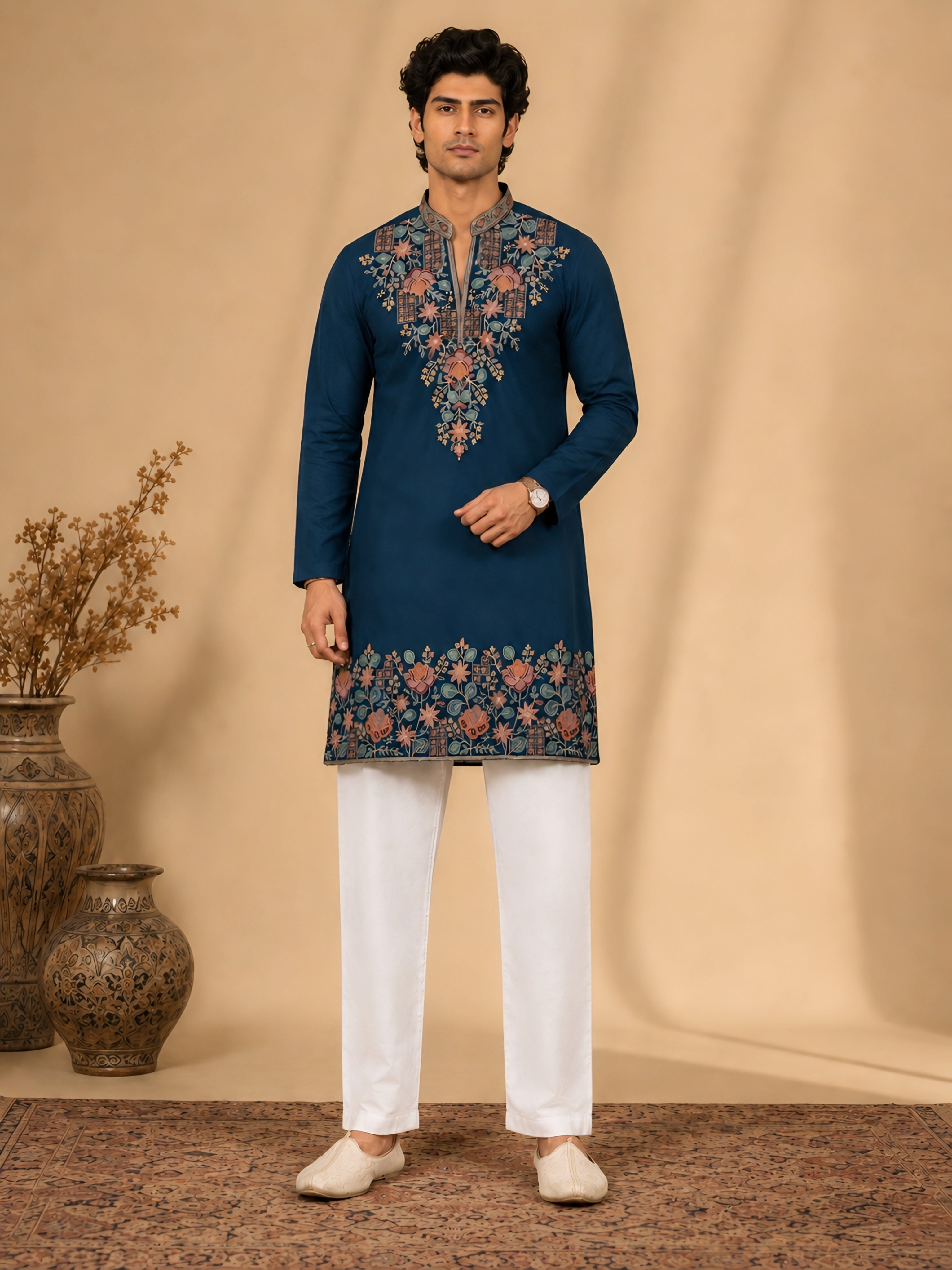 Midnight Rama Blue V-Neck Floral Embroidered Kurta