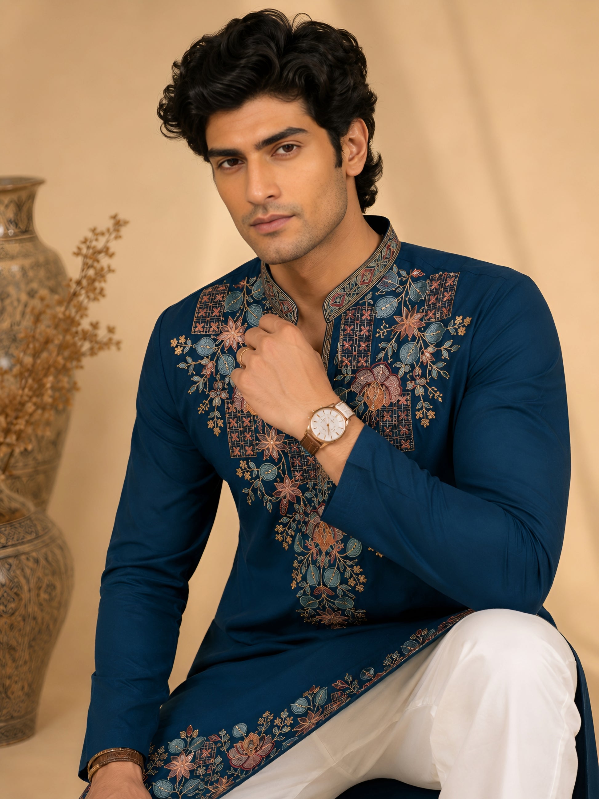 Midnight Rama Blue V-Neck Floral Embroidered Kurta
