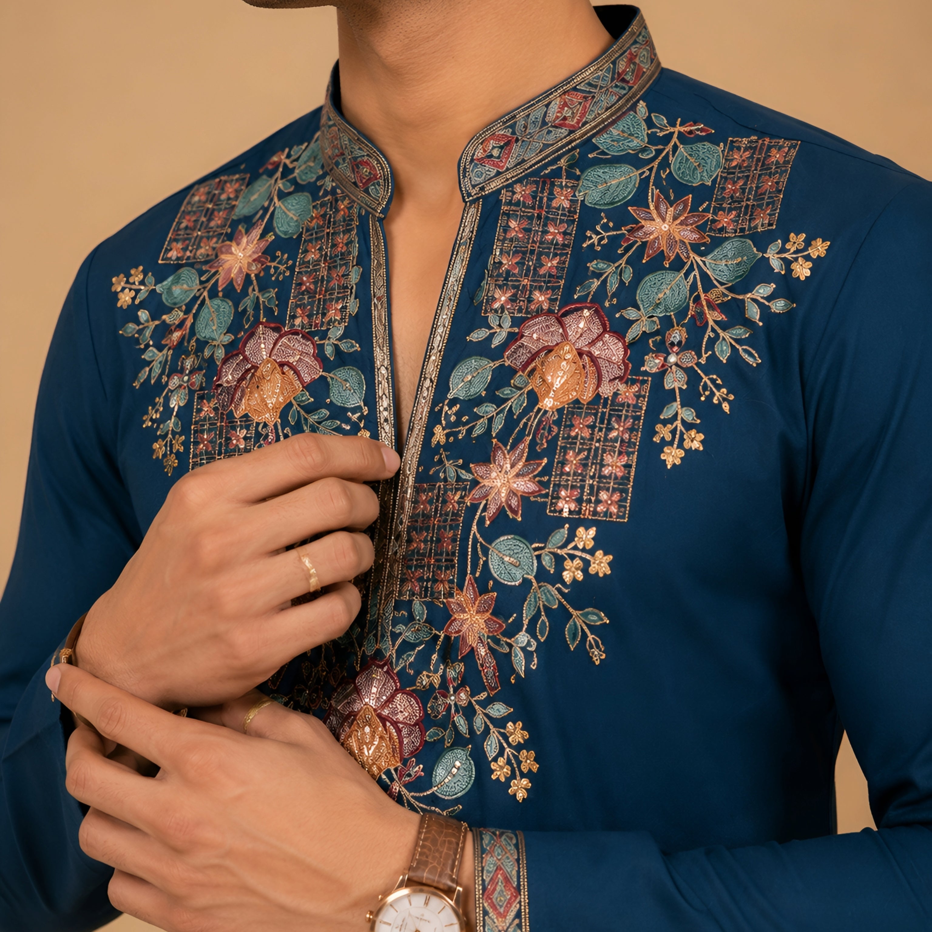 Midnight Rama Blue V-Neck Floral Embroidered Kurta