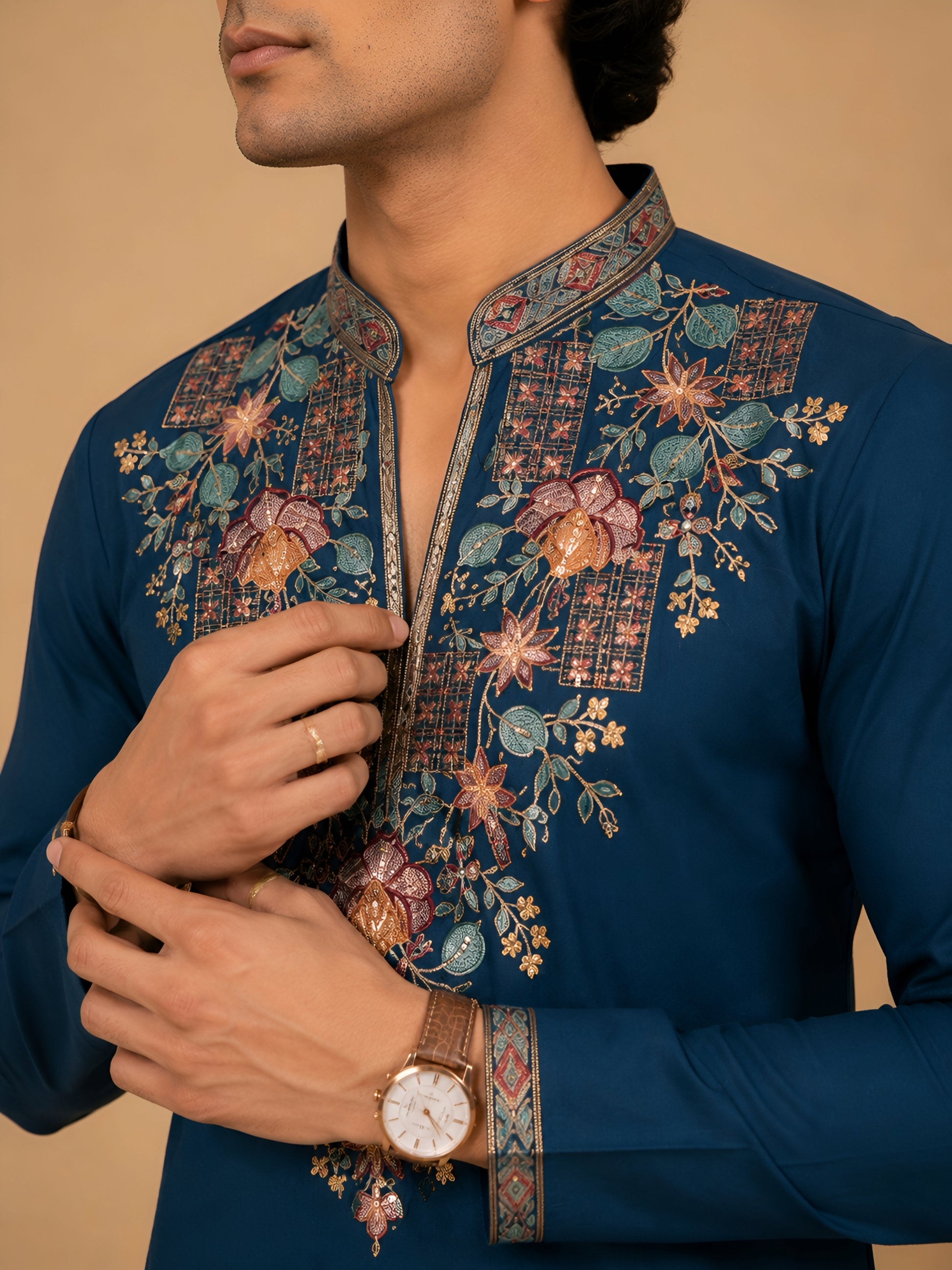 Midnight Rama Blue V-Neck Floral Embroidered Kurta