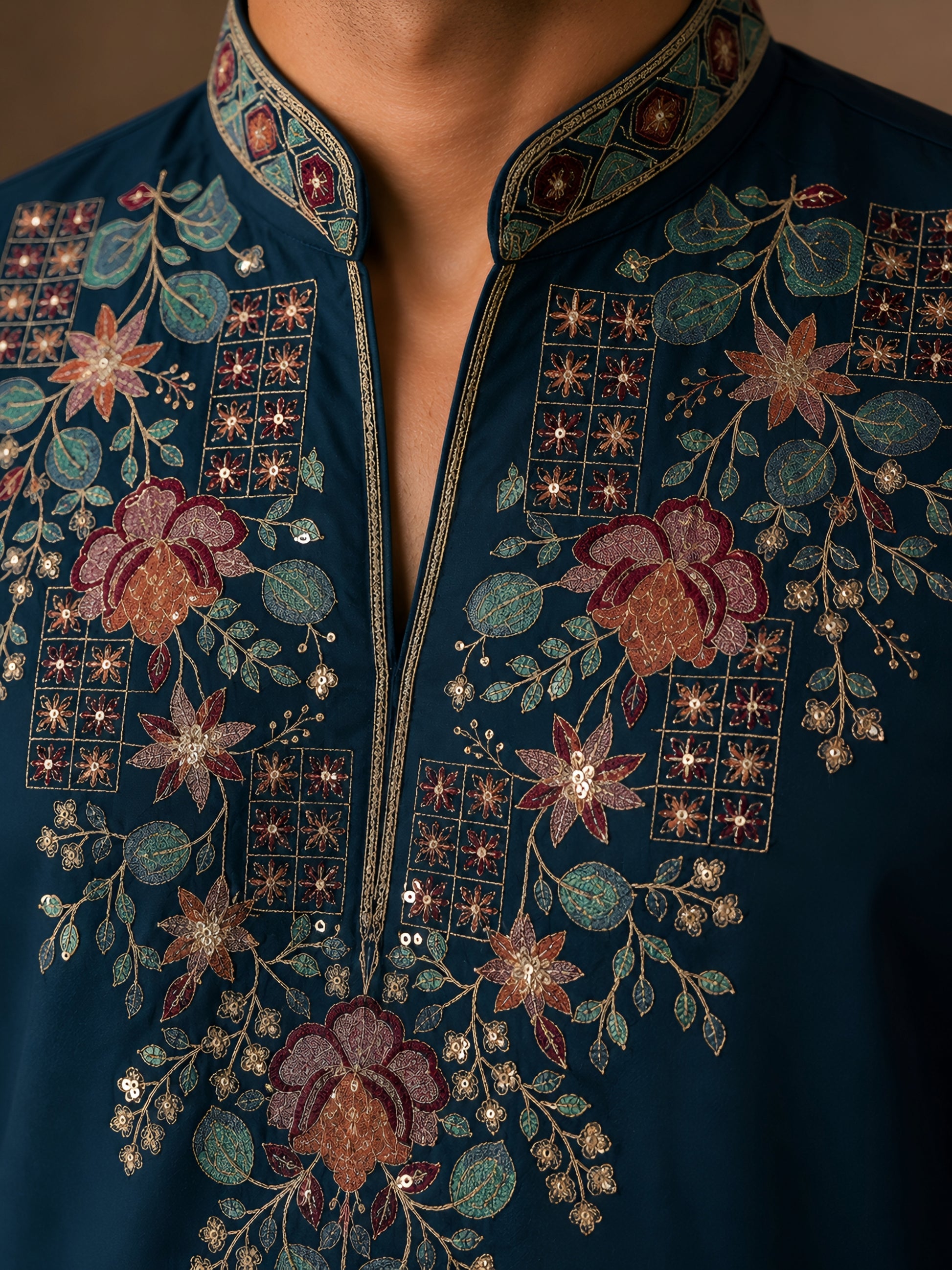 Midnight Rama Blue V-Neck Floral Embroidered Kurta
