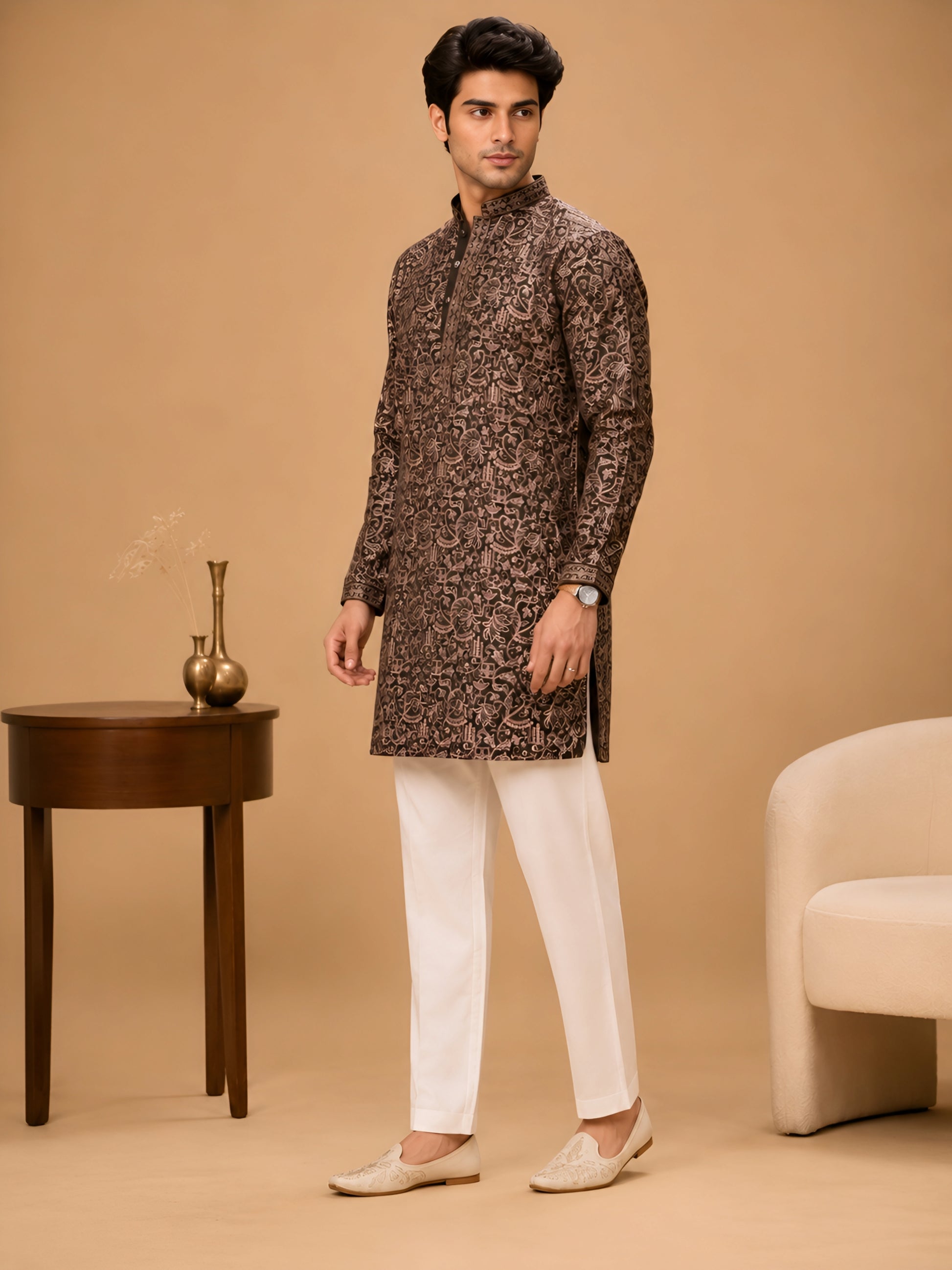 Premium Olive Heavy Embroidered Short Kurta for Men
