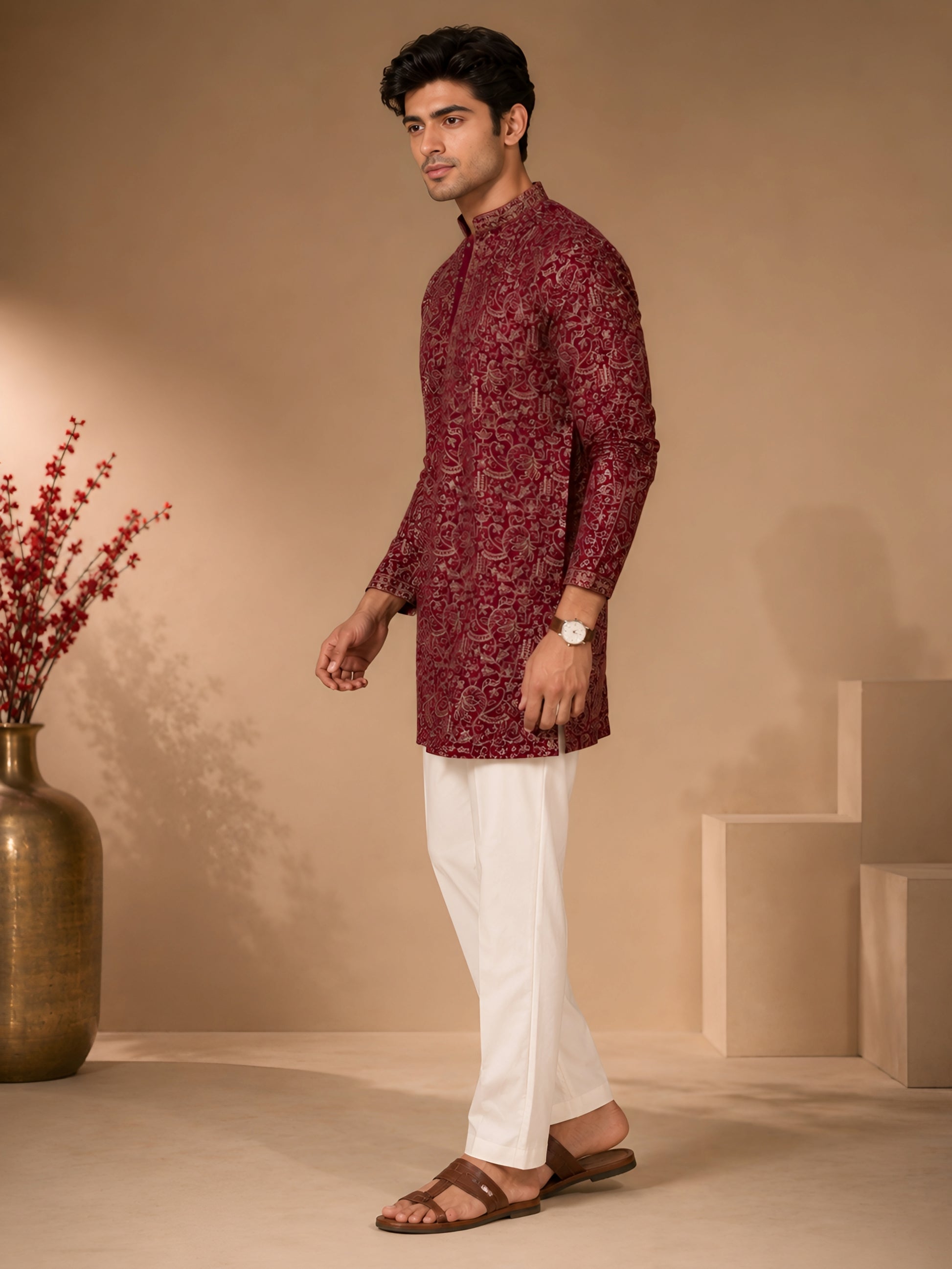 Premium Maroon Heavy Embroidered Short Kurta for Men