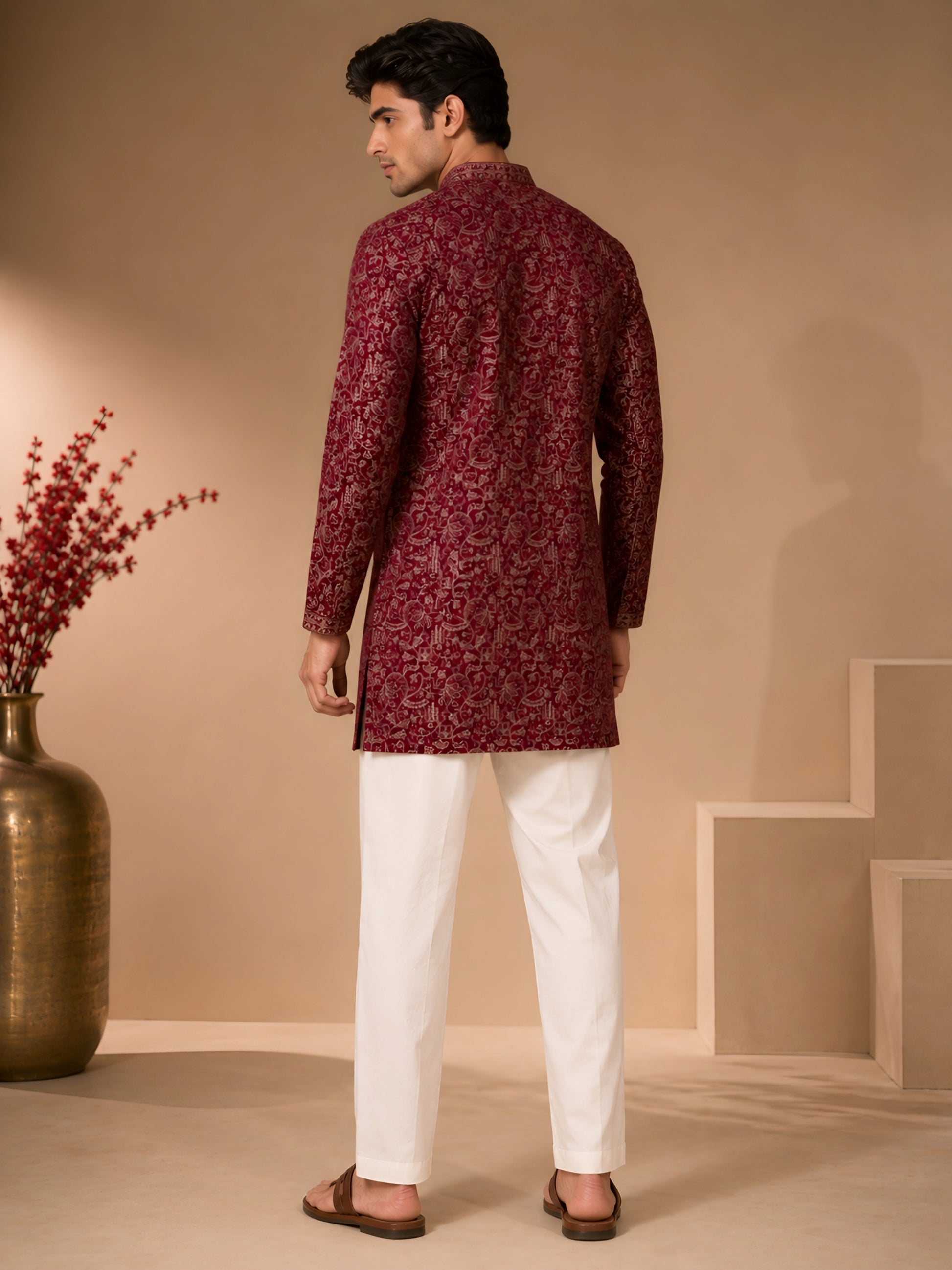 Premium Maroon Heavy Embroidered Short Kurta for Men