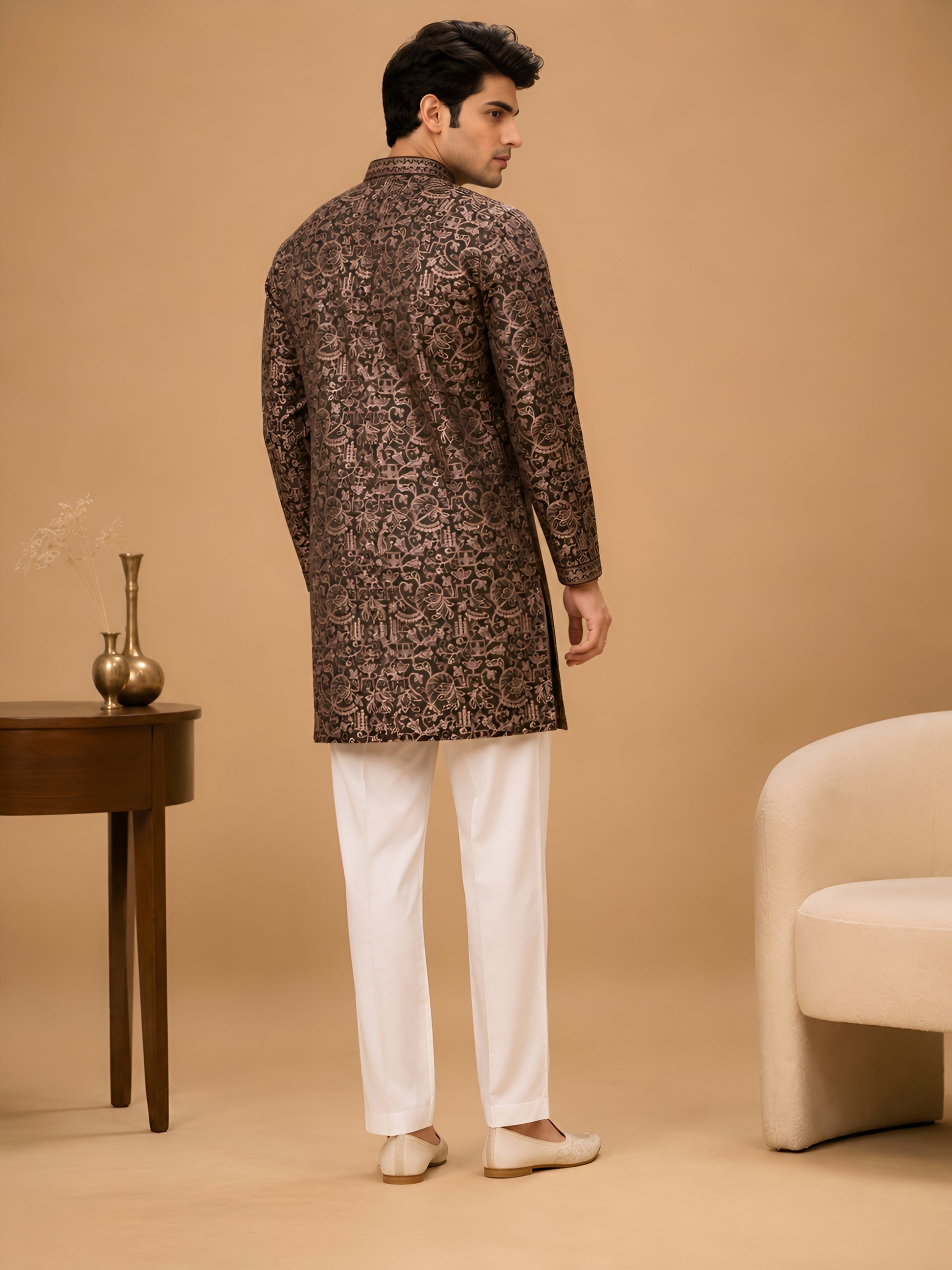 Premium Olive Heavy Embroidered Short Kurta for Men