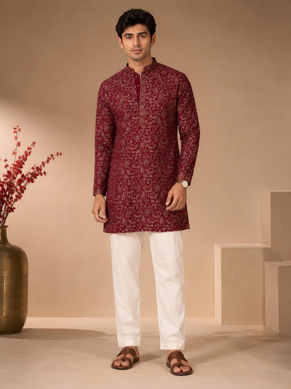 Premium Maroon Heavy Embroidered Short Kurta for Men