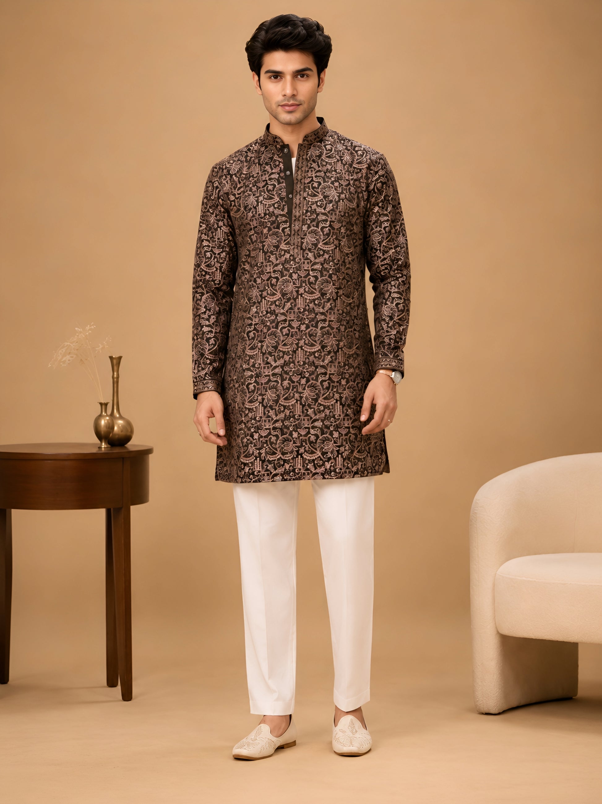 Premium Olive Heavy Embroidered Short Kurta for Men