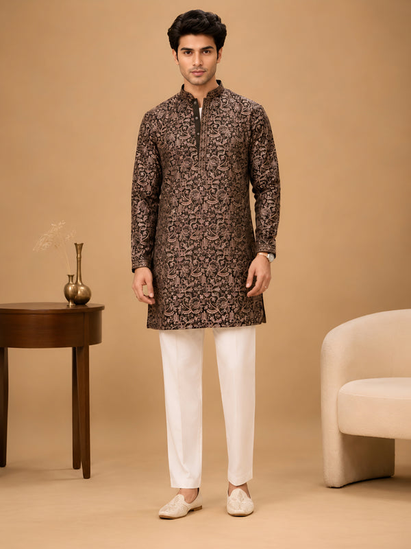 Premium Olive Heavy Embroidered Short Kurta for Men