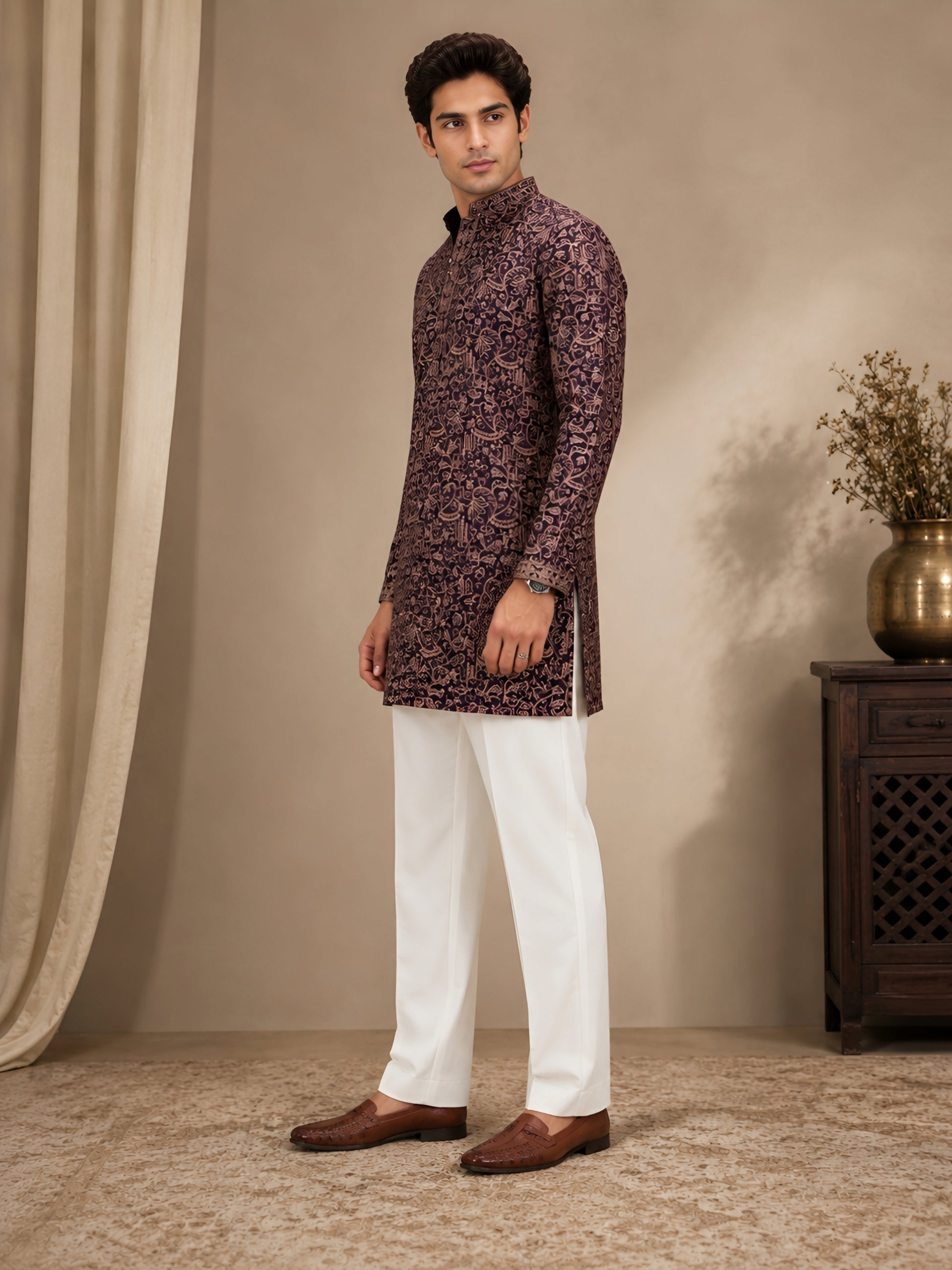 Premium Violet Heavy Embroidered Short Kurta for Men