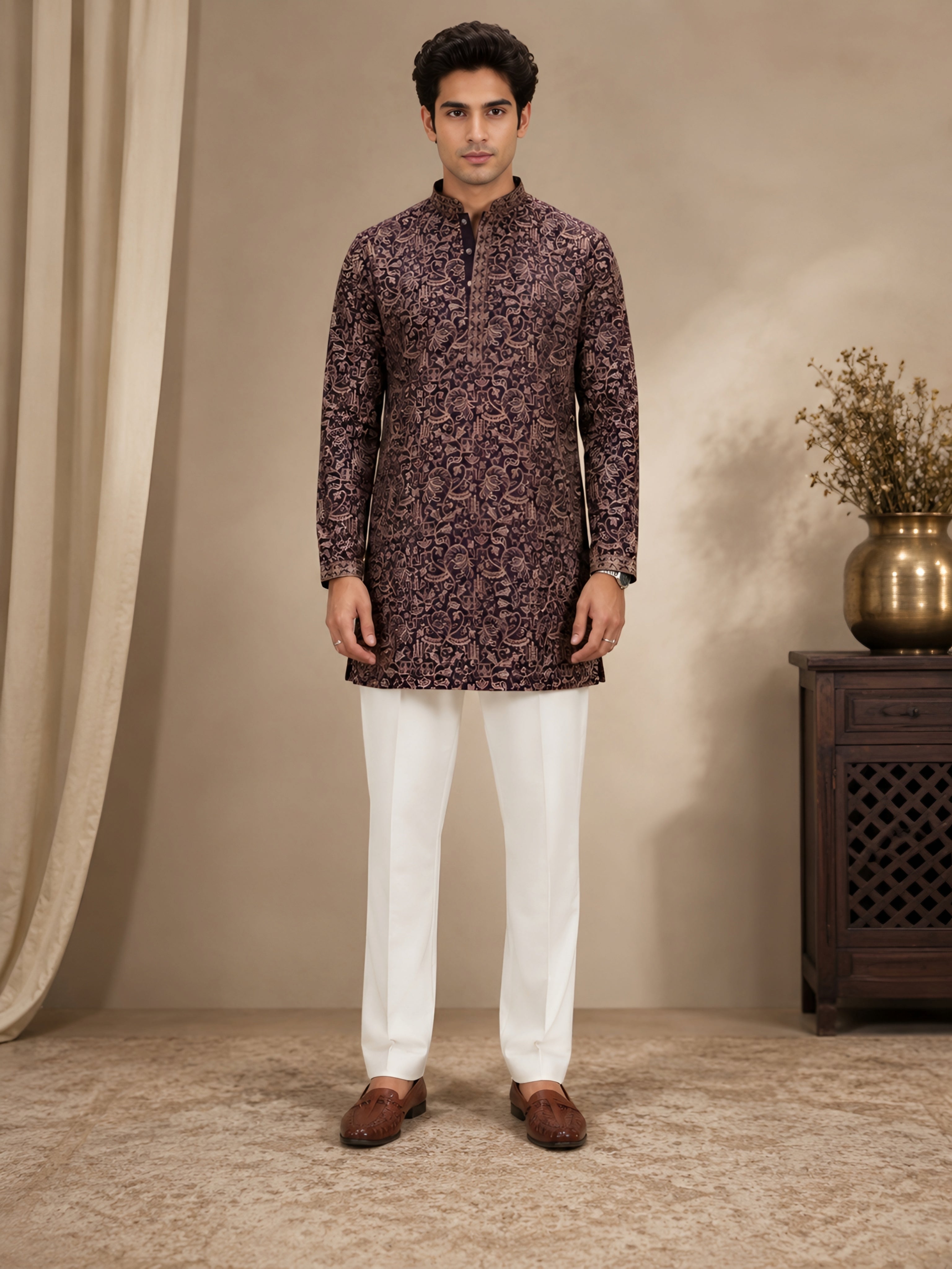 Premium Violet Heavy Embroidered Short Kurta for Men