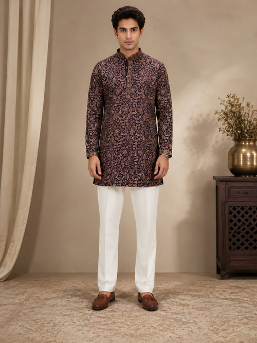 Premium Violet Heavy Embroidered Short Kurta for Men