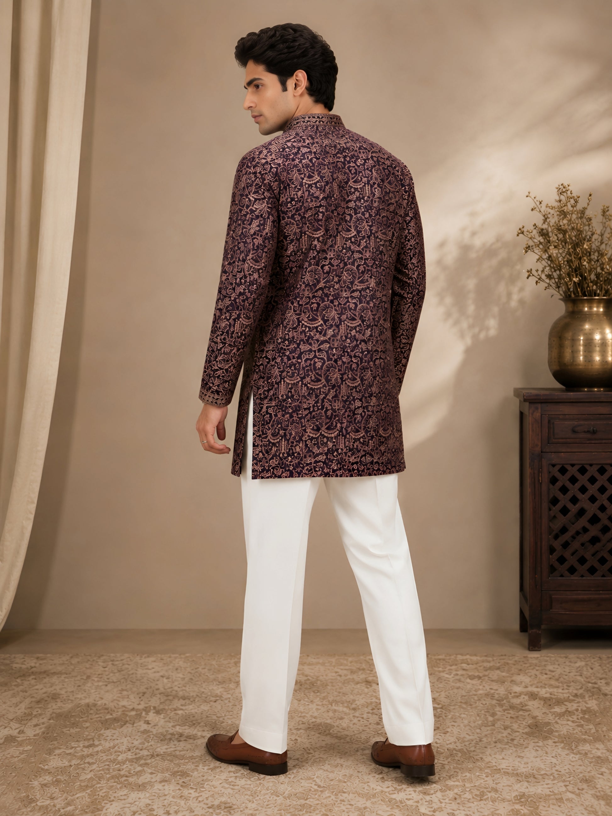 Premium Violet Heavy Embroidered Short Kurta for Men