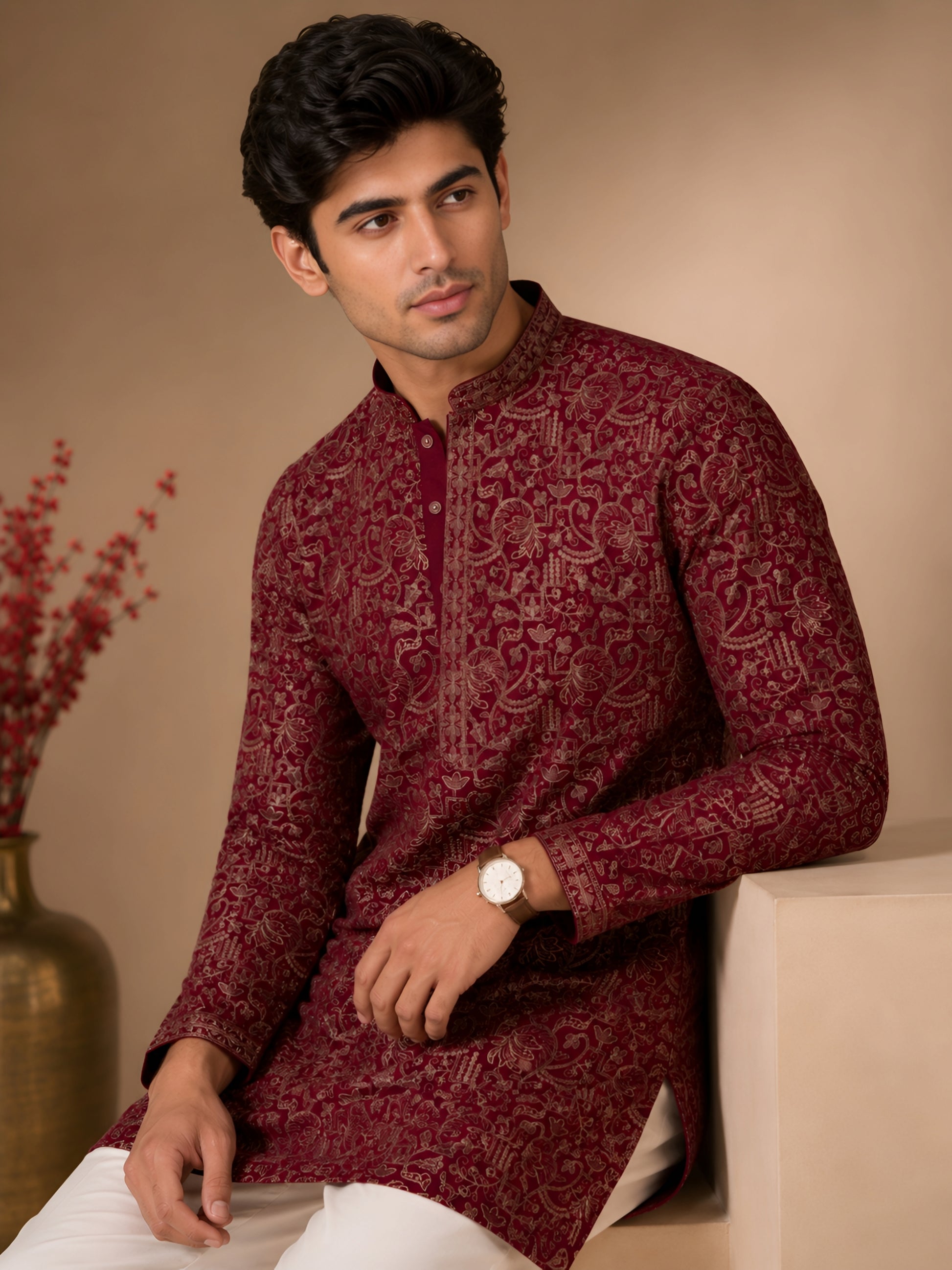 Premium Maroon Heavy Embroidered Short Kurta for Men