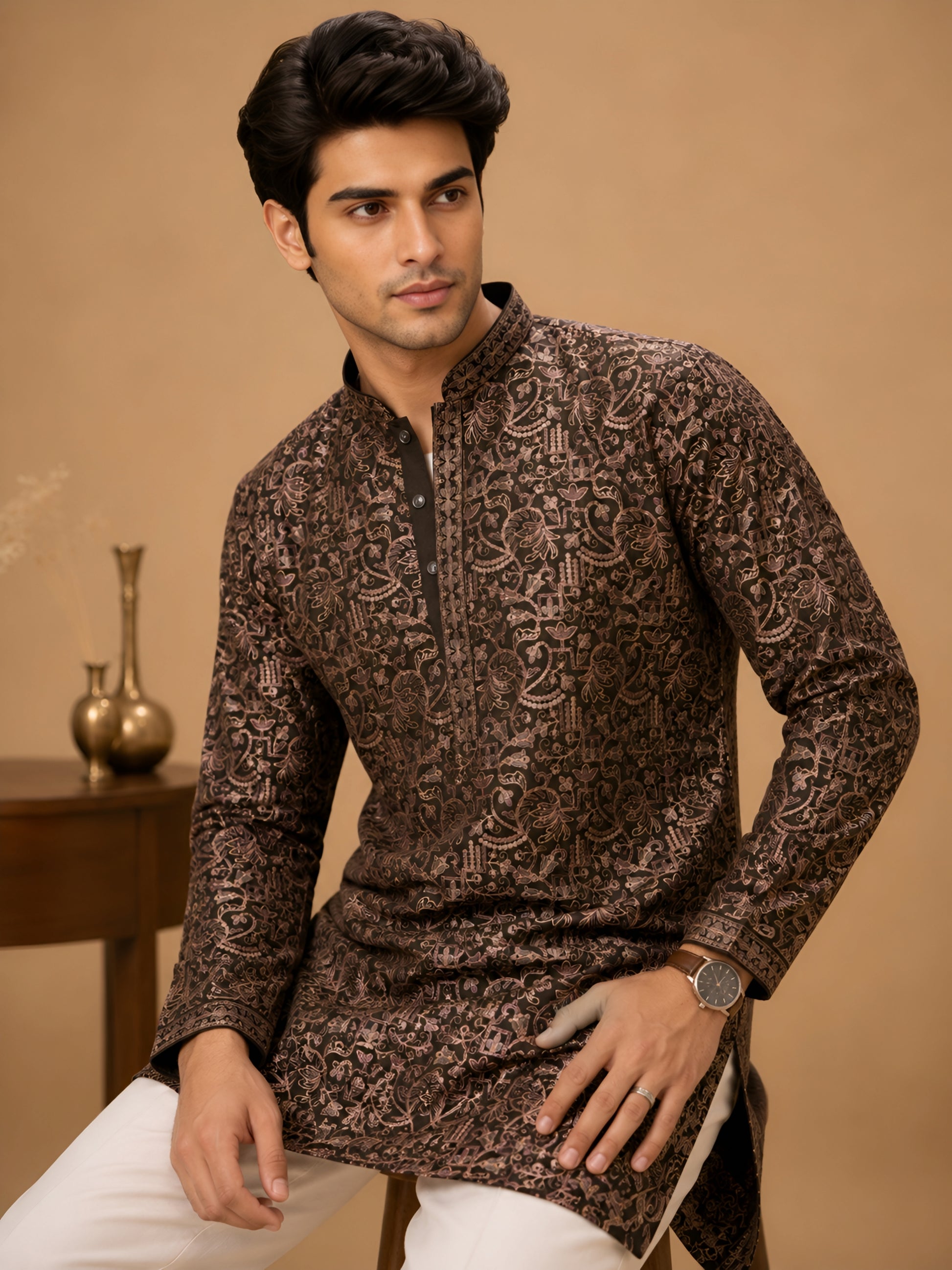 Premium Olive Heavy Embroidered Short Kurta for Men
