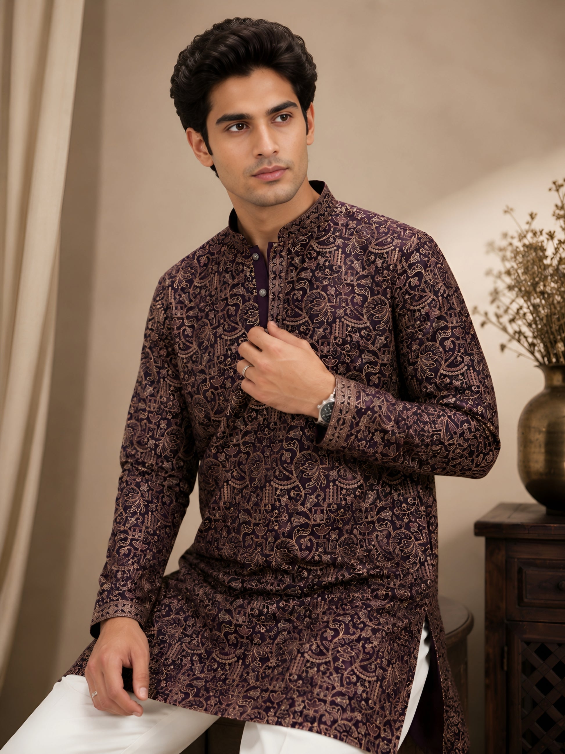 Premium Violet Heavy Embroidered Short Kurta for Men
