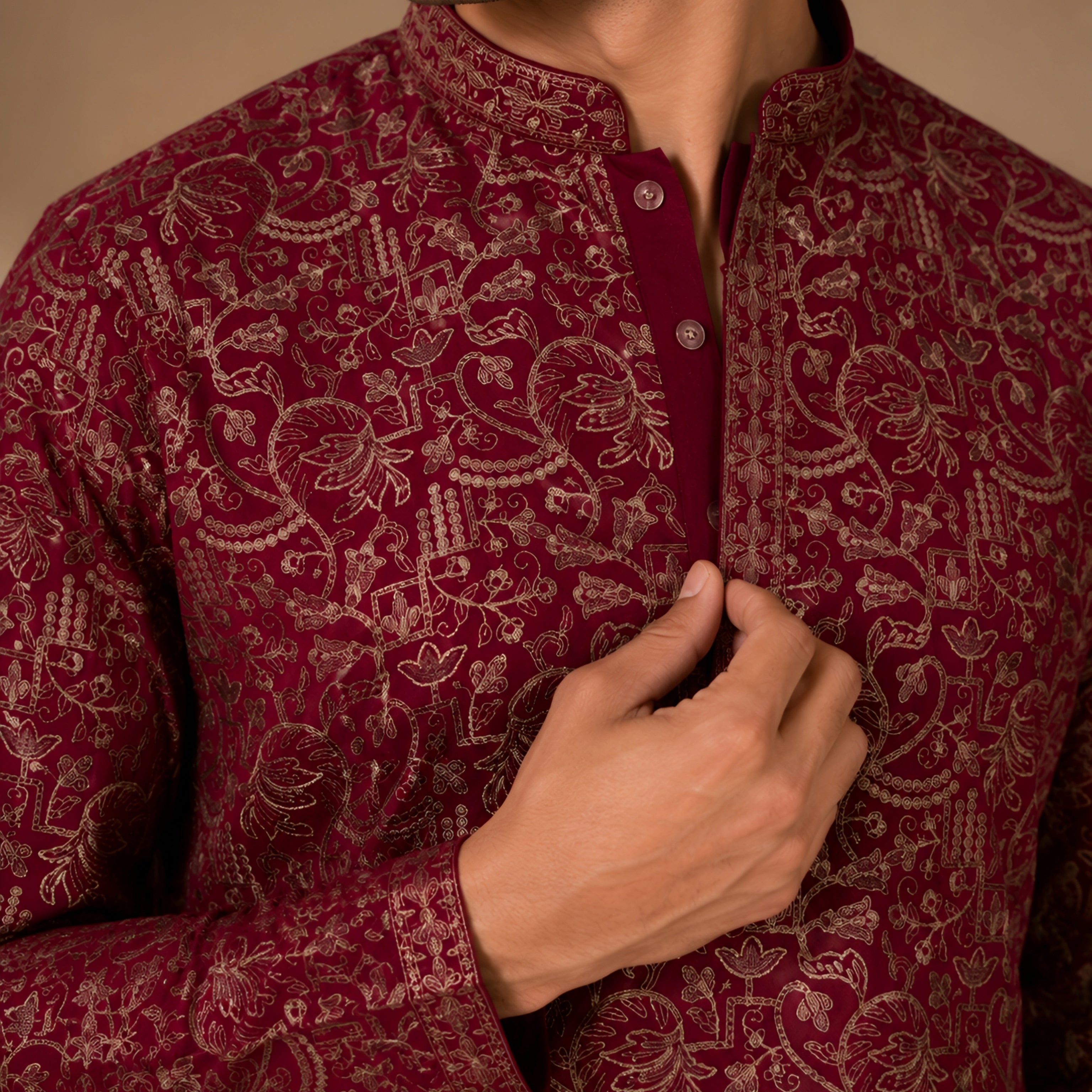Premium Maroon Heavy Embroidered Short Kurta for Men