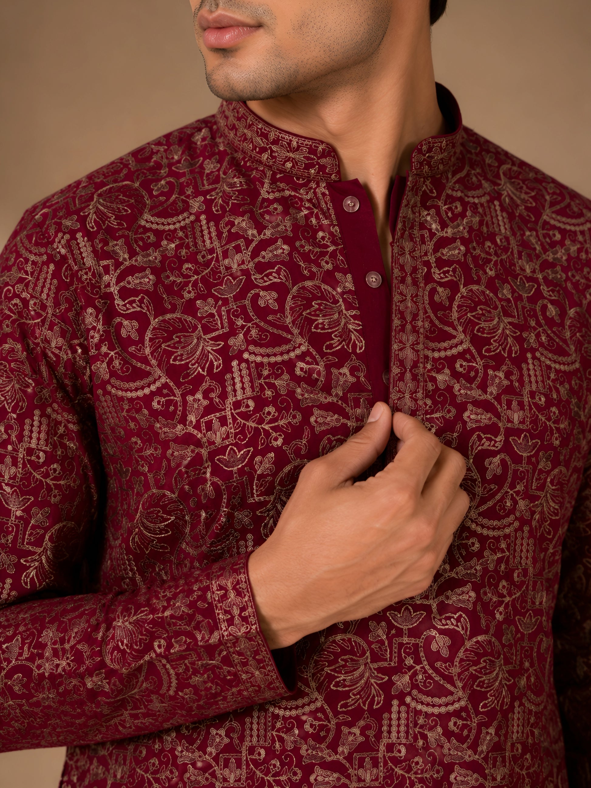 Premium Maroon Heavy Embroidered Short Kurta for Men