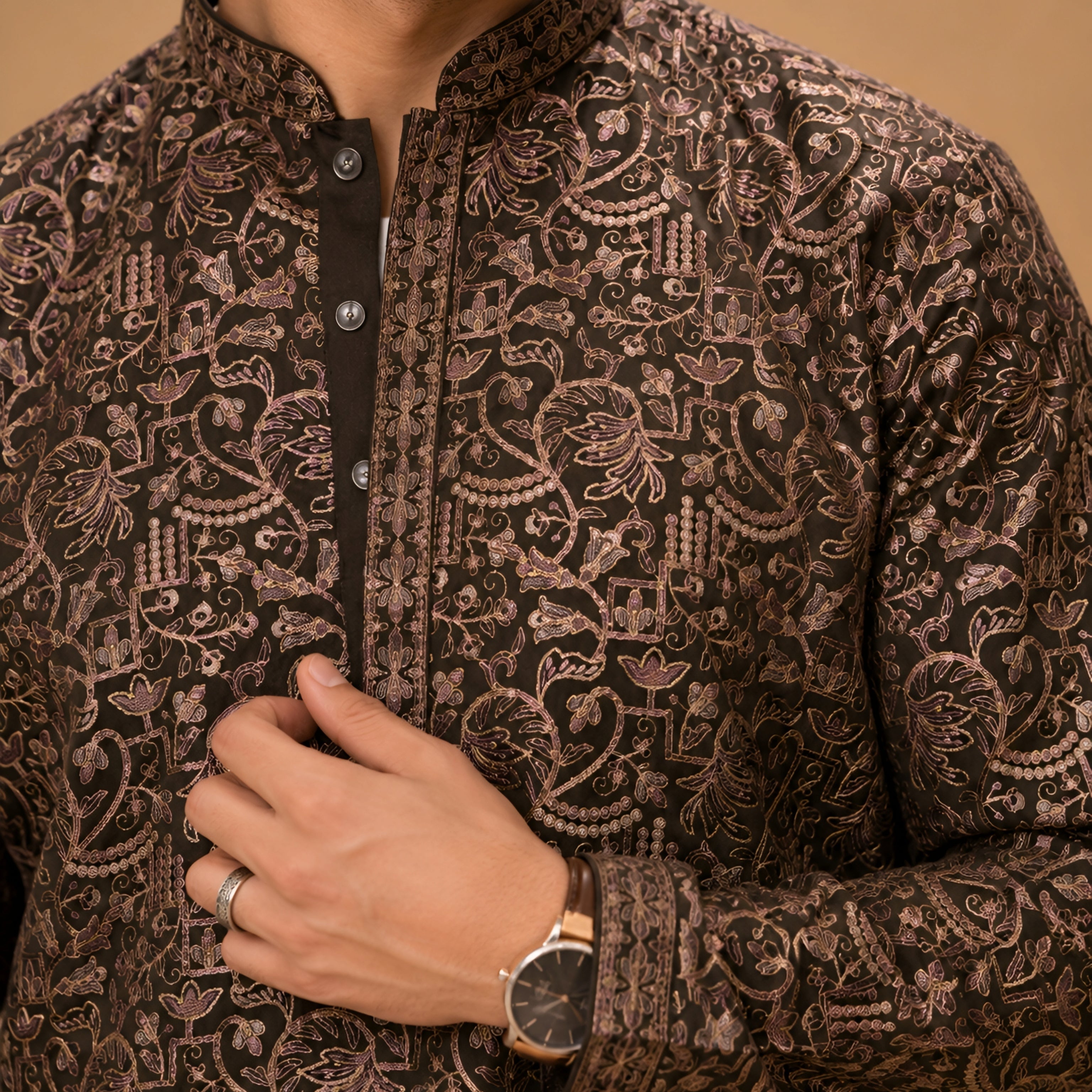 Premium Olive Heavy Embroidered Short Kurta for Men