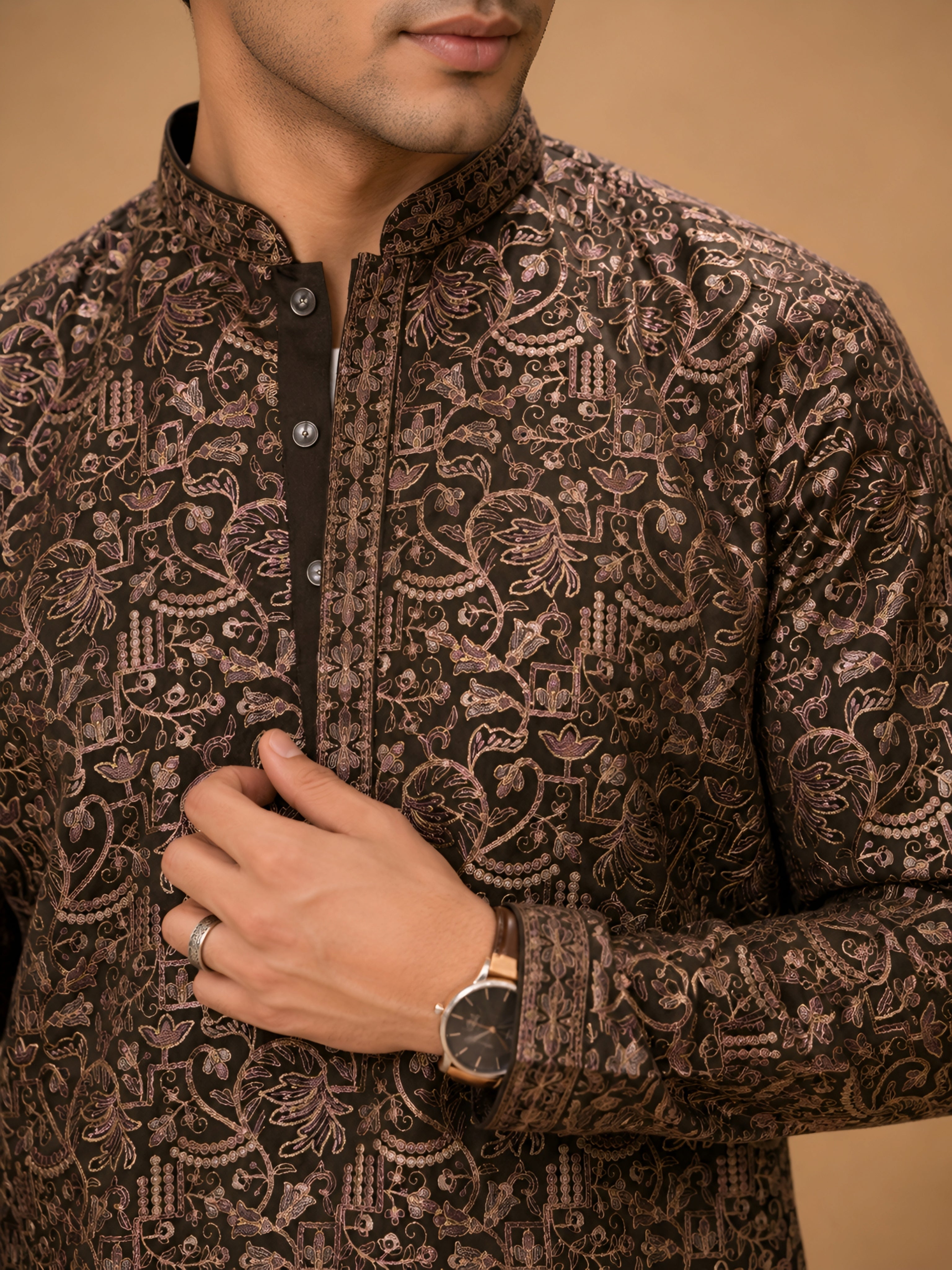 Premium Olive Heavy Embroidered Short Kurta for Men