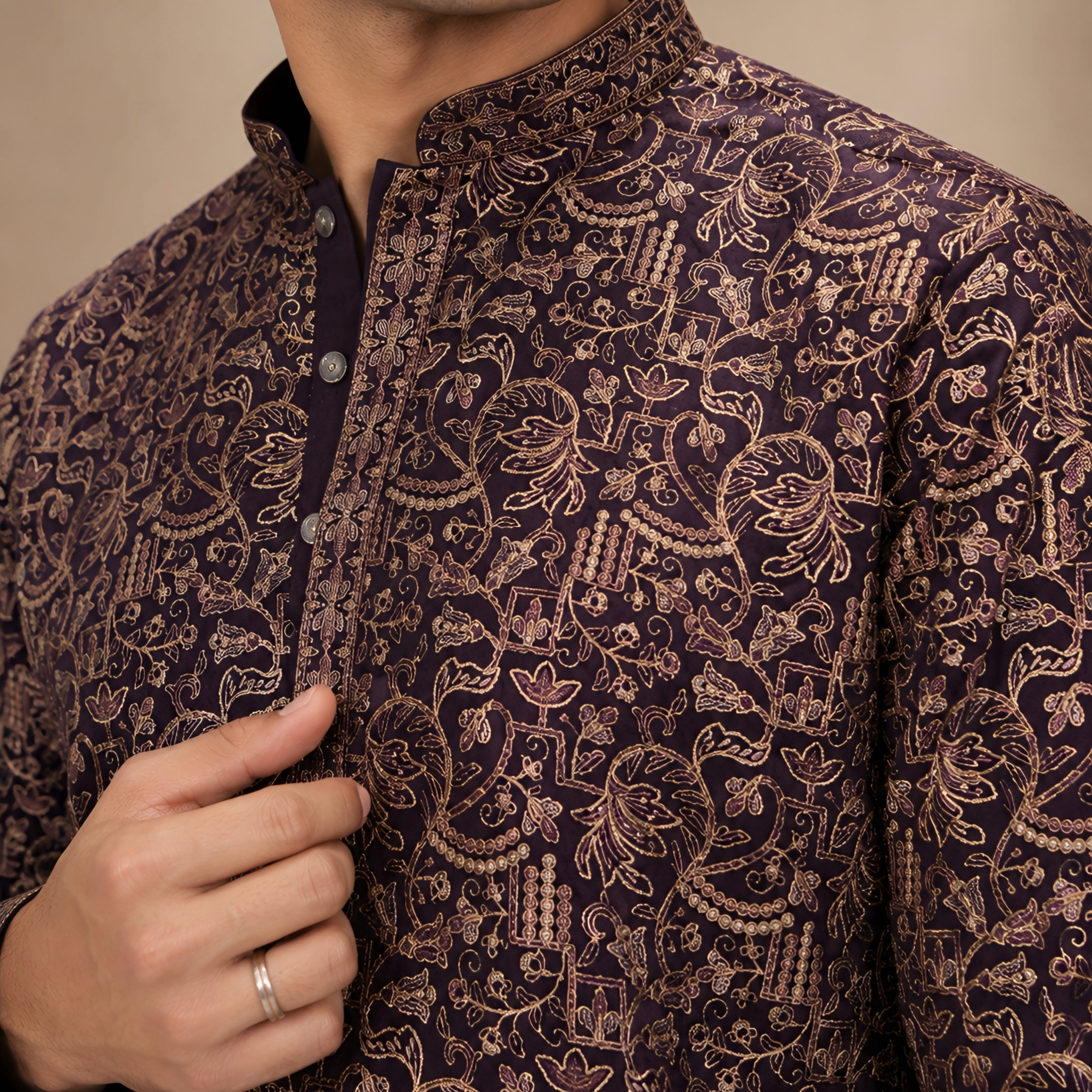Premium Violet Heavy Embroidered Short Kurta for Men