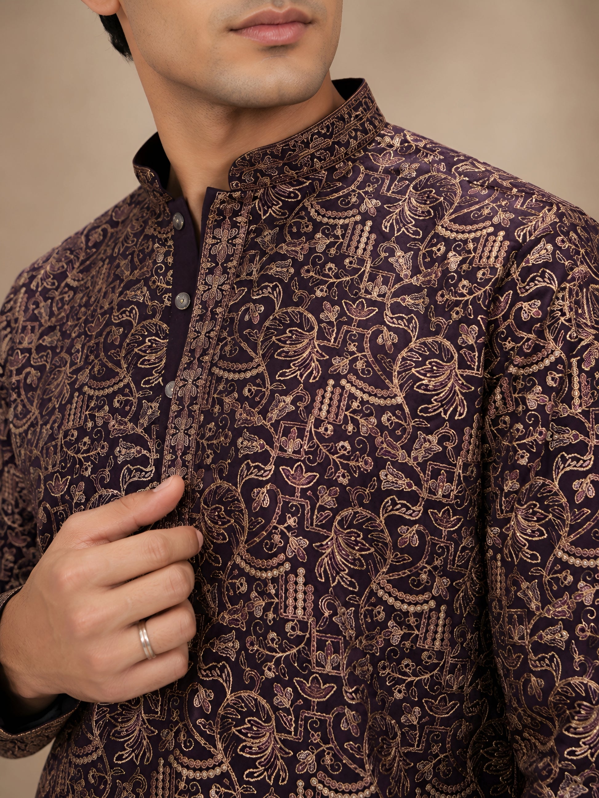 Premium Violet Heavy Embroidered Short Kurta for Men