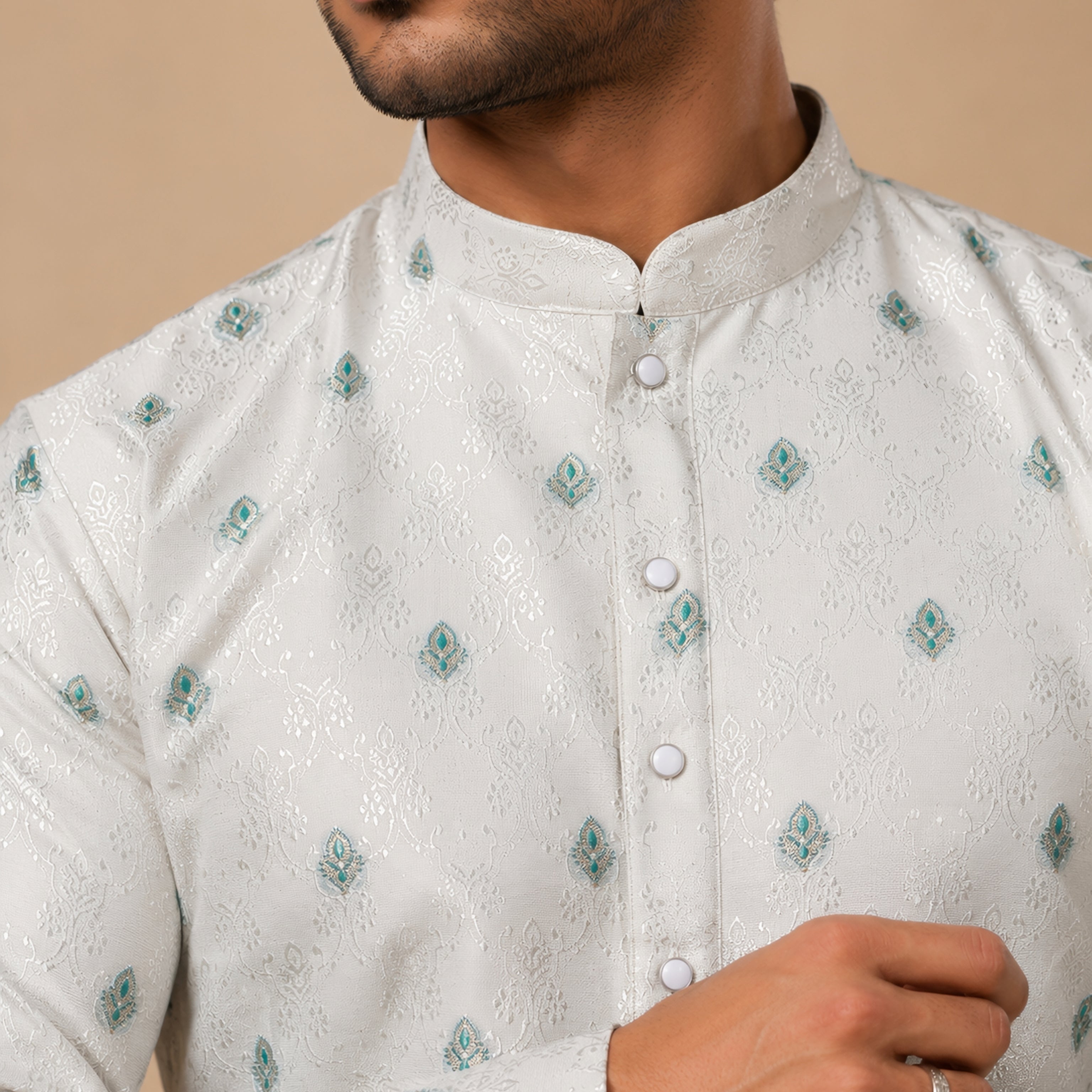 Premium White Self Design Kurta for Men with Teal Green Motifs