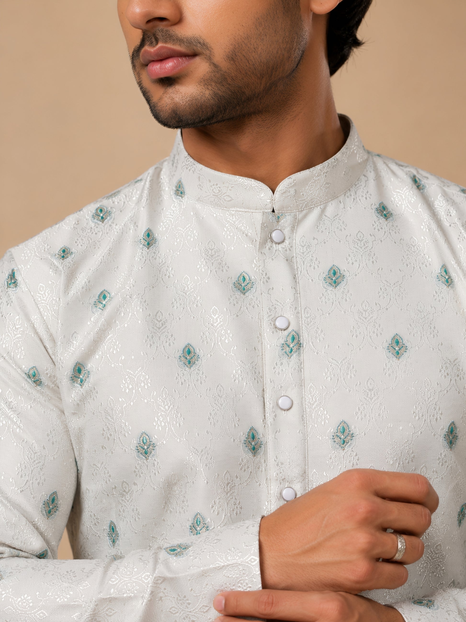 Premium White Self Design Kurta for Men with Teal Green Motifs
