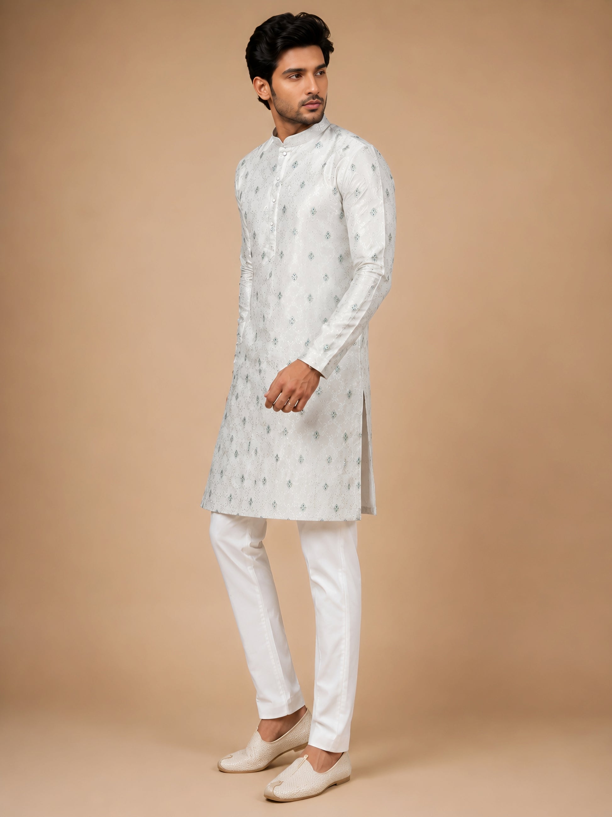 Premium White Self Design Kurta for Men with Teal Green Motifs