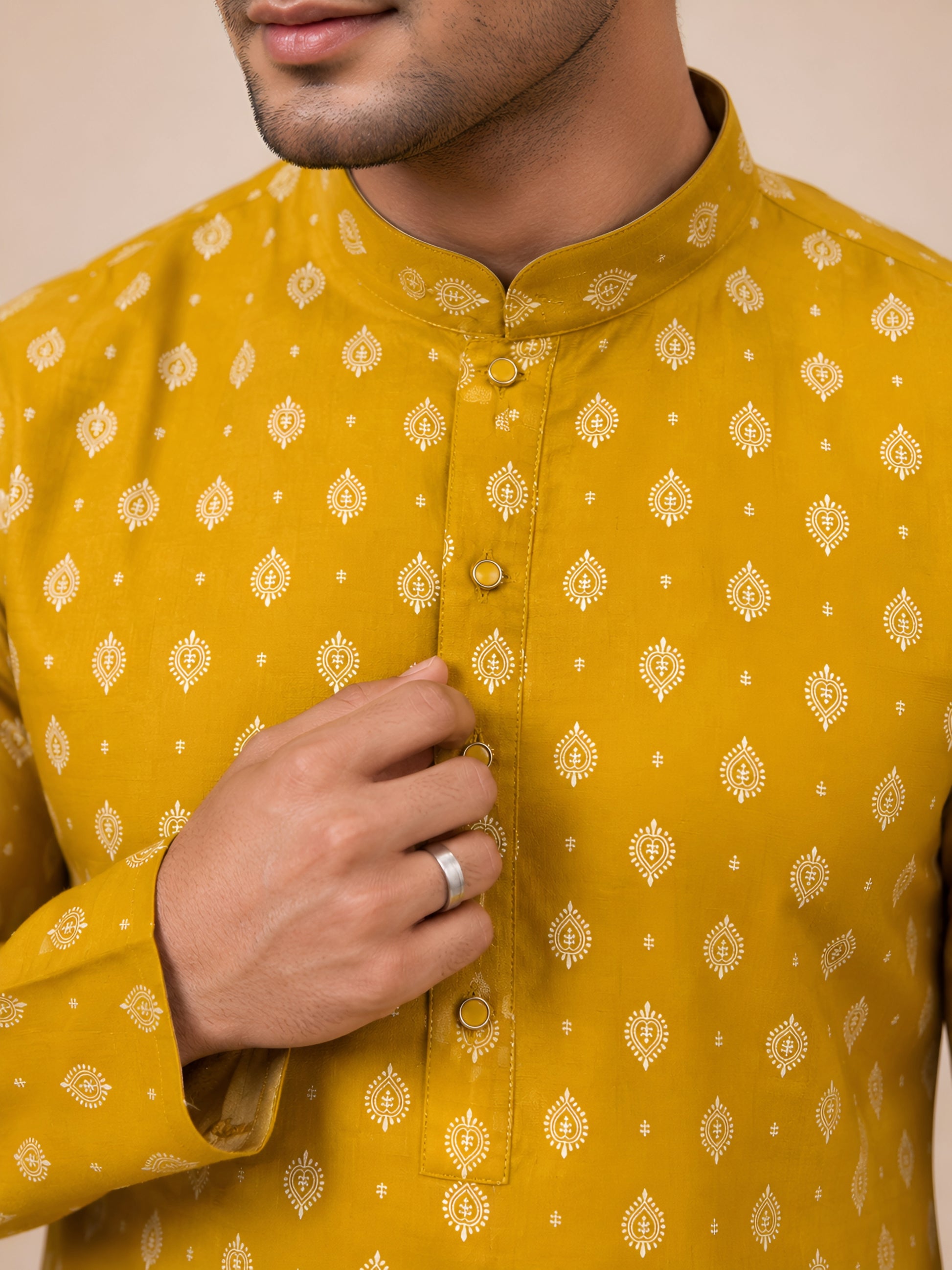 Premium Mustard Yellow Printed Kurta for Men