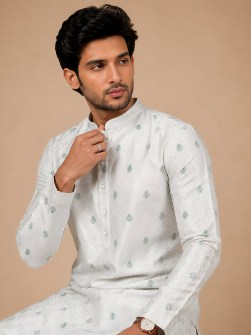 Premium White Self Design Kurta for Men with Teal Green Motifs