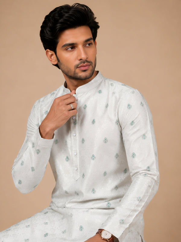 Premium White Self Design Kurta for Men with Teal Green Motifs