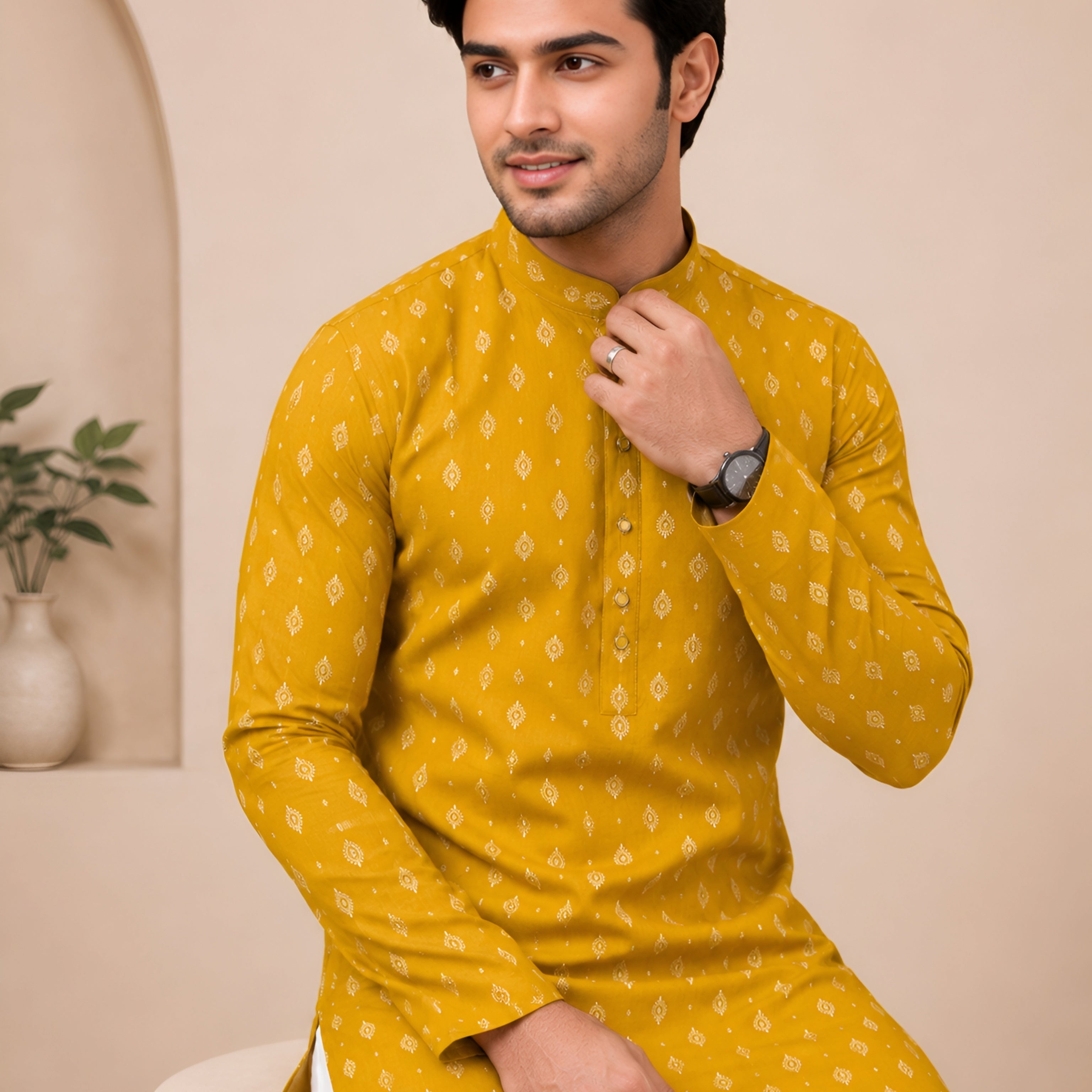 Premium Mustard Yellow Printed Kurta for Men
