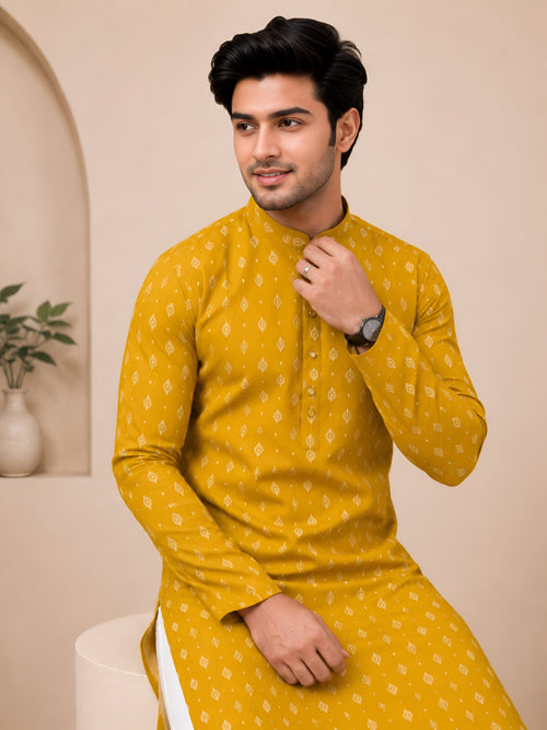 Premium Mustard Yellow Printed Kurta for Men