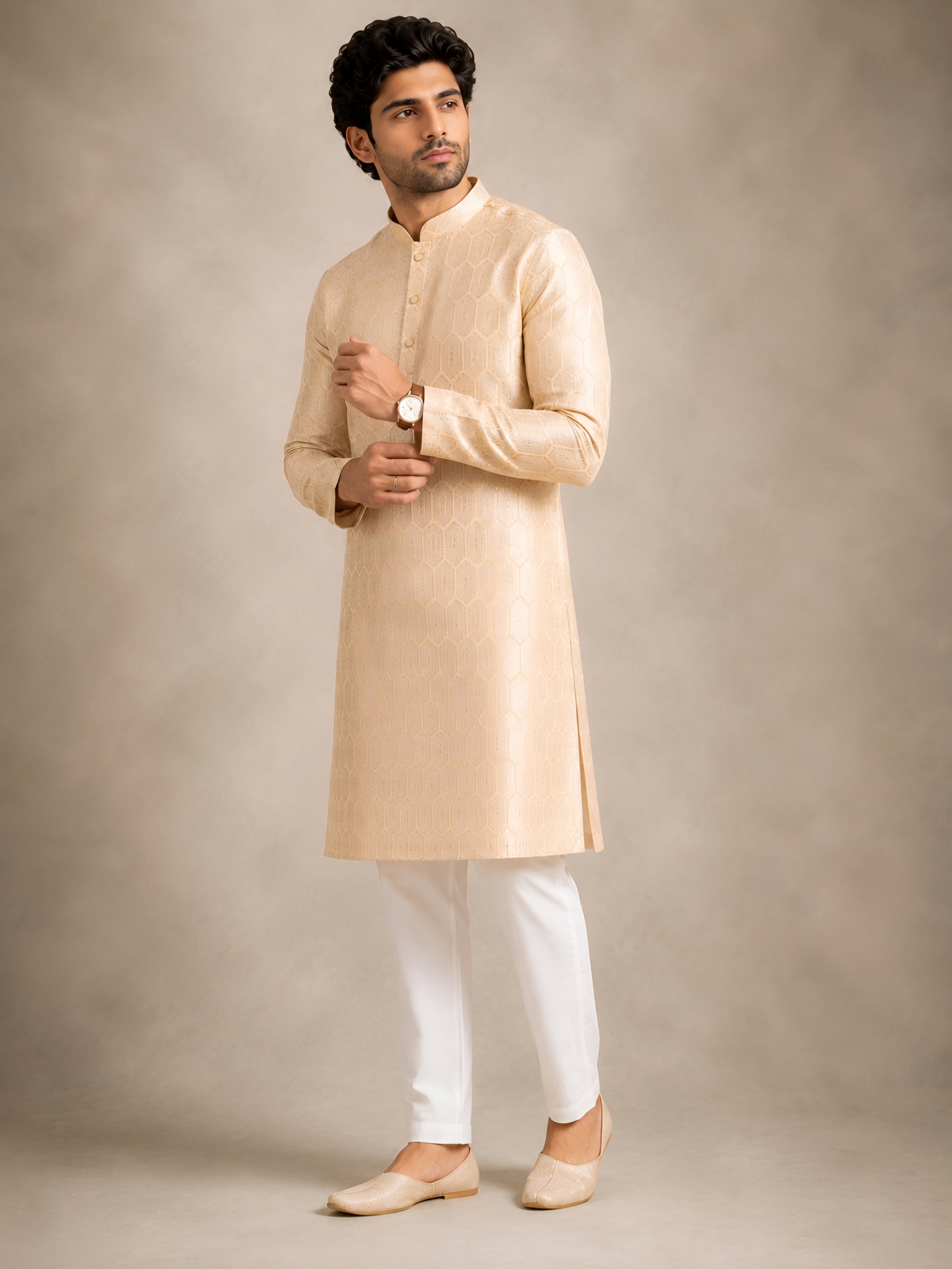 Premium Cream Jacquard Kurta for Men