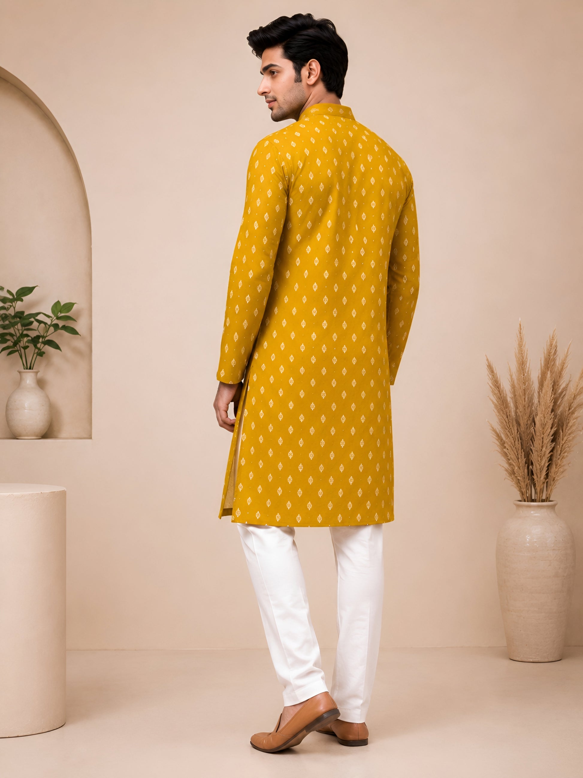 Premium Mustard Yellow Printed Kurta for Men