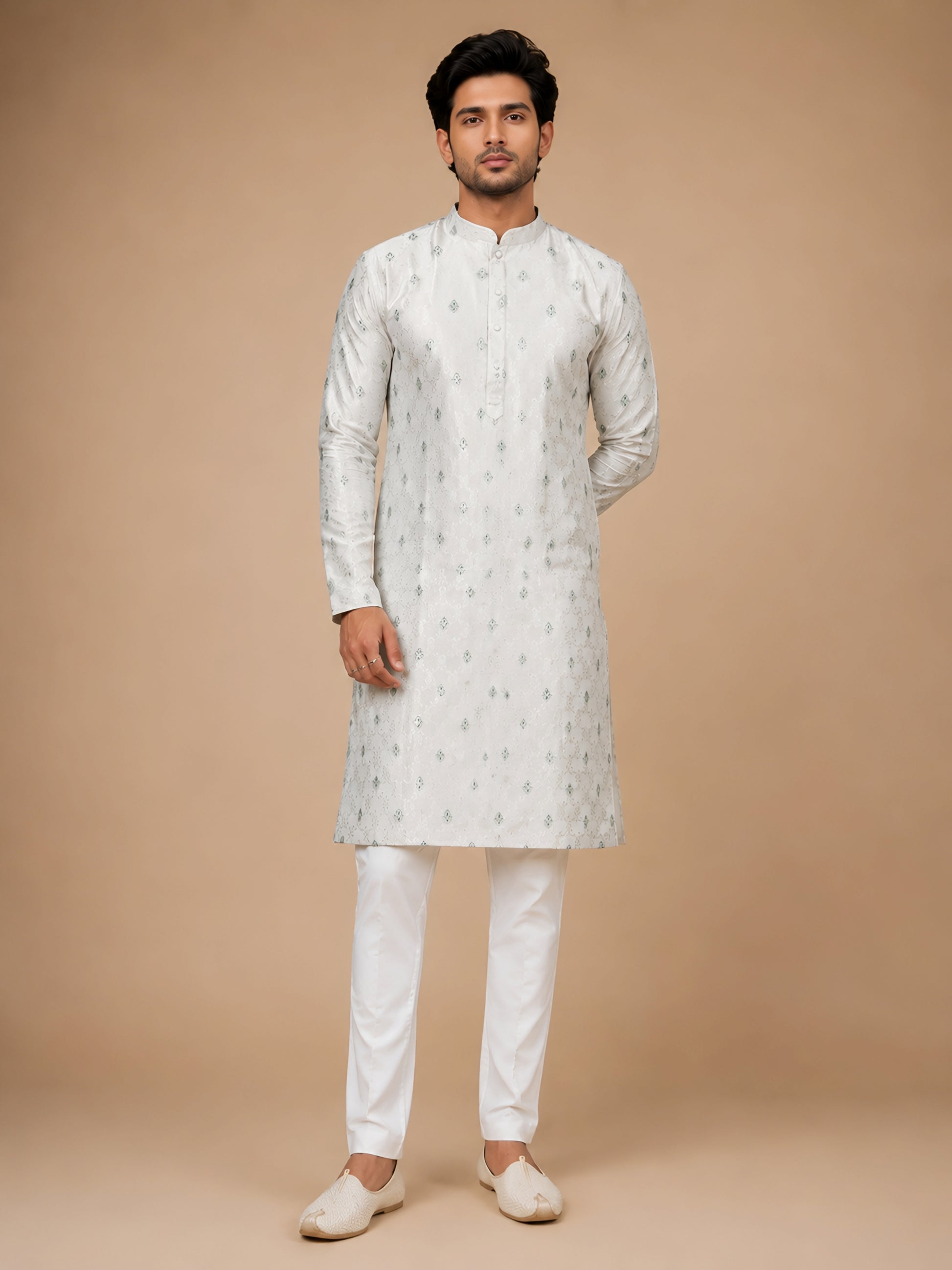 Premium White Self Design Kurta for Men with Teal Green Motifs