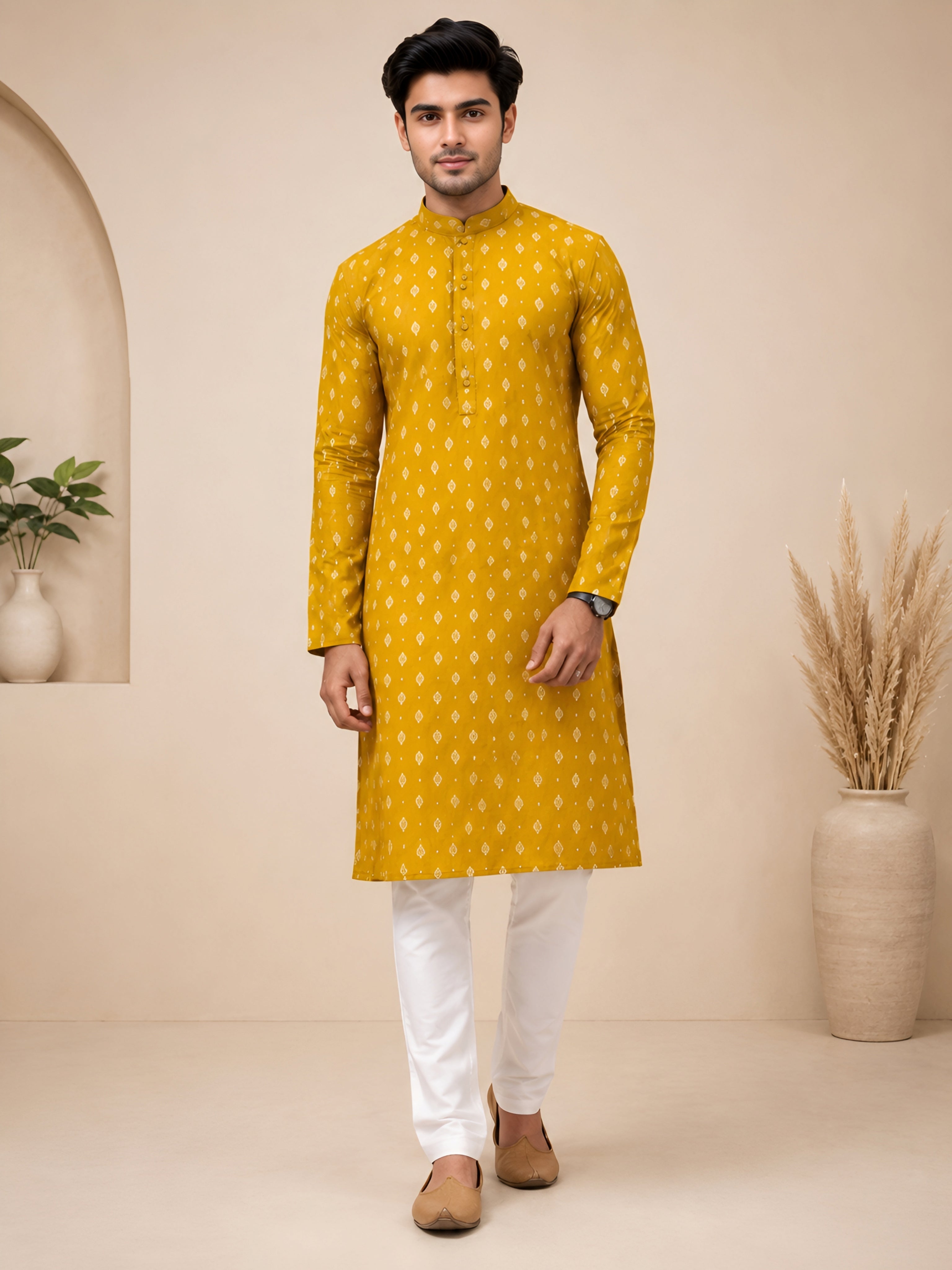 Premium Mustard Yellow Printed Kurta for Men