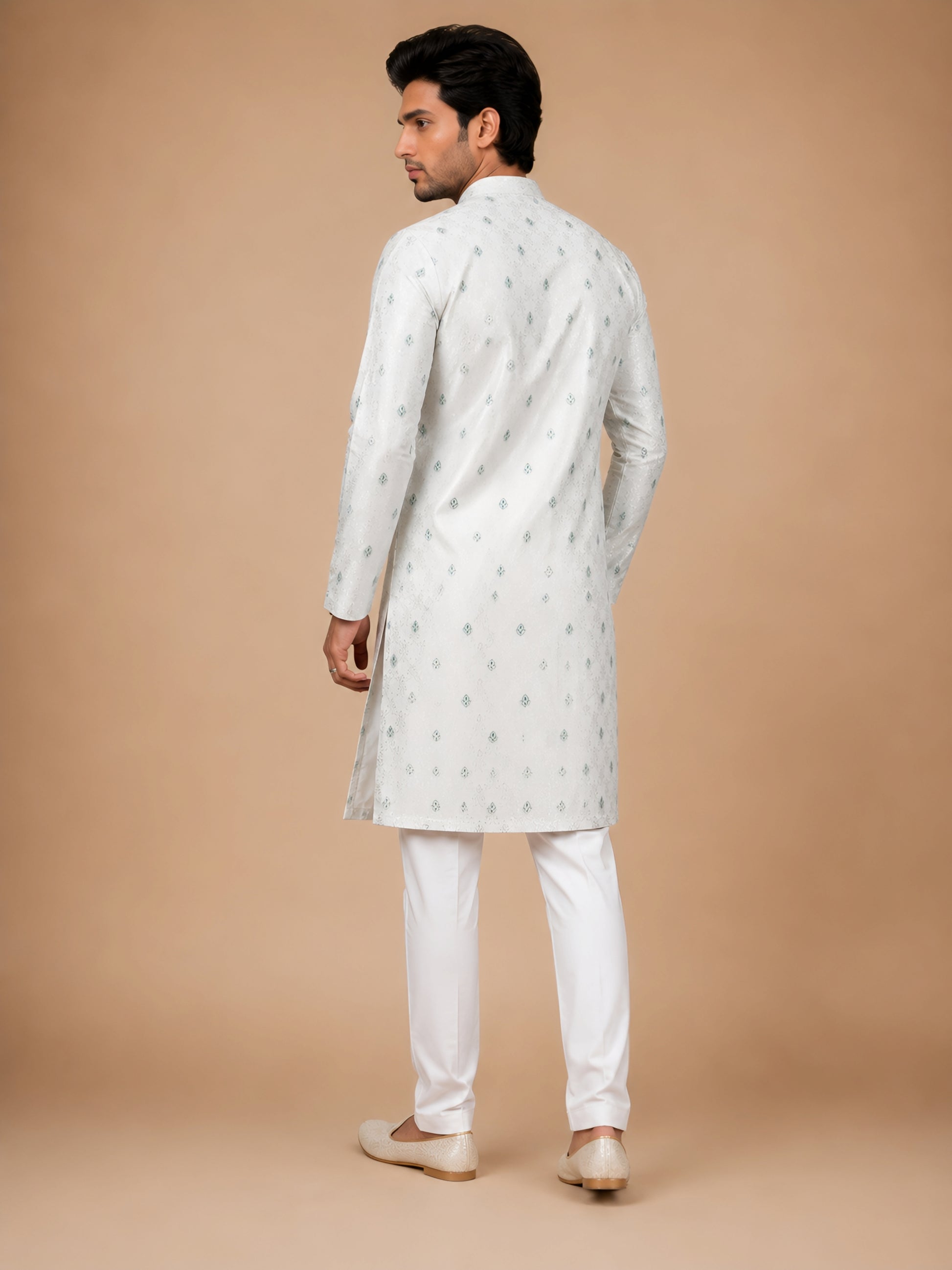 Premium White Self Design Kurta for Men with Teal Green Motifs