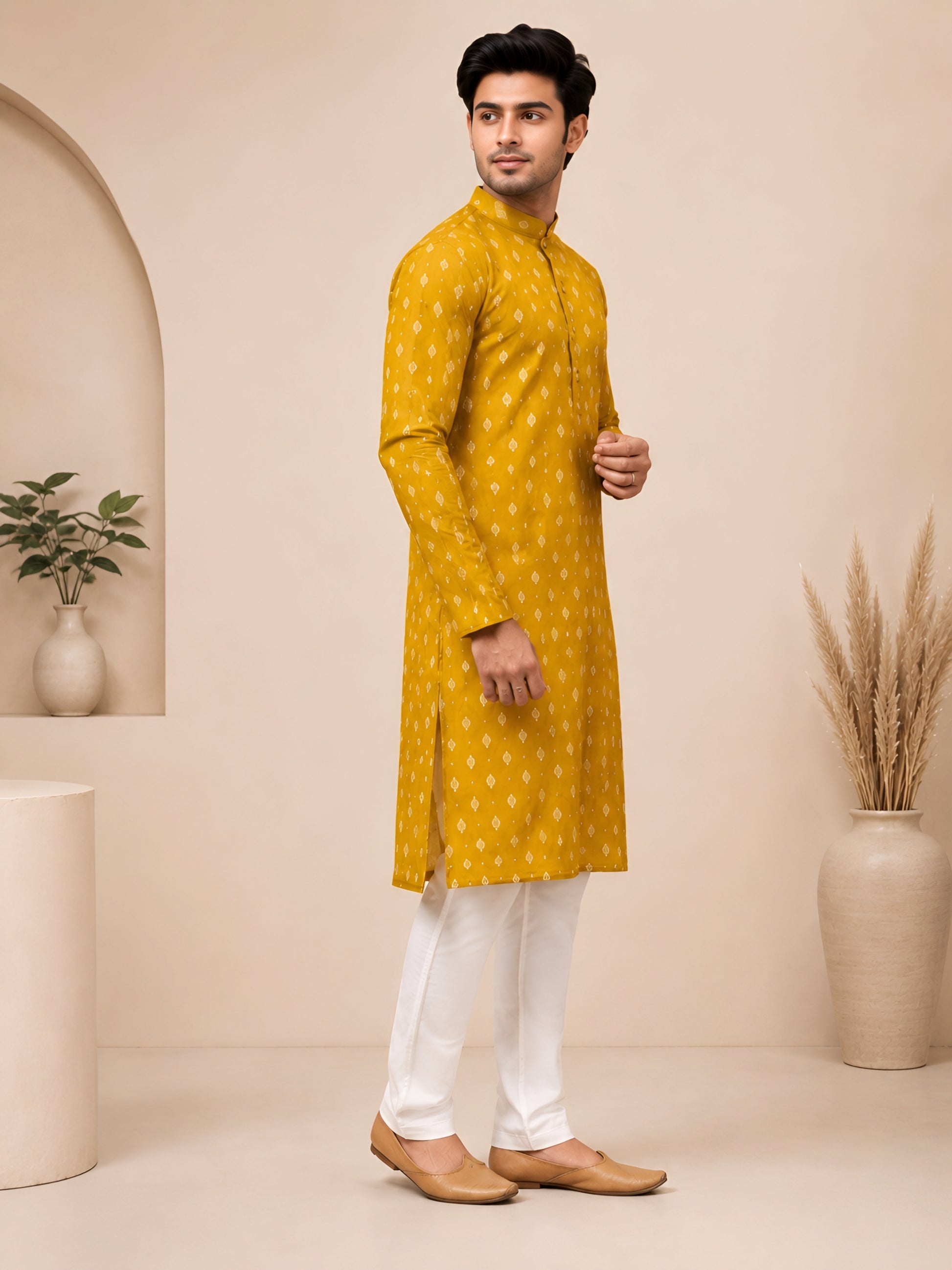 Premium Mustard Yellow Printed Kurta for Men
