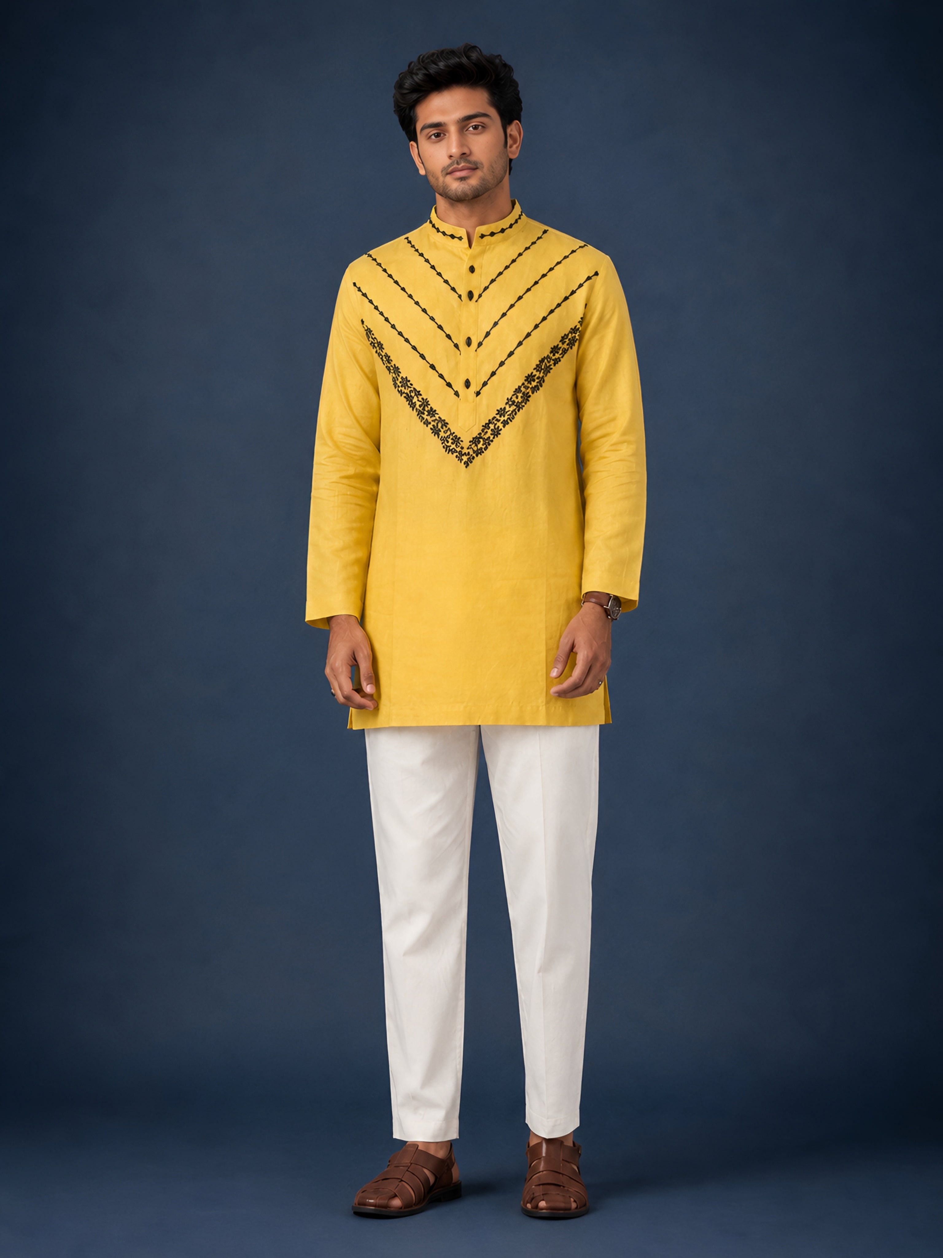Premium Yellow Pure Linen Short Kurta for Men