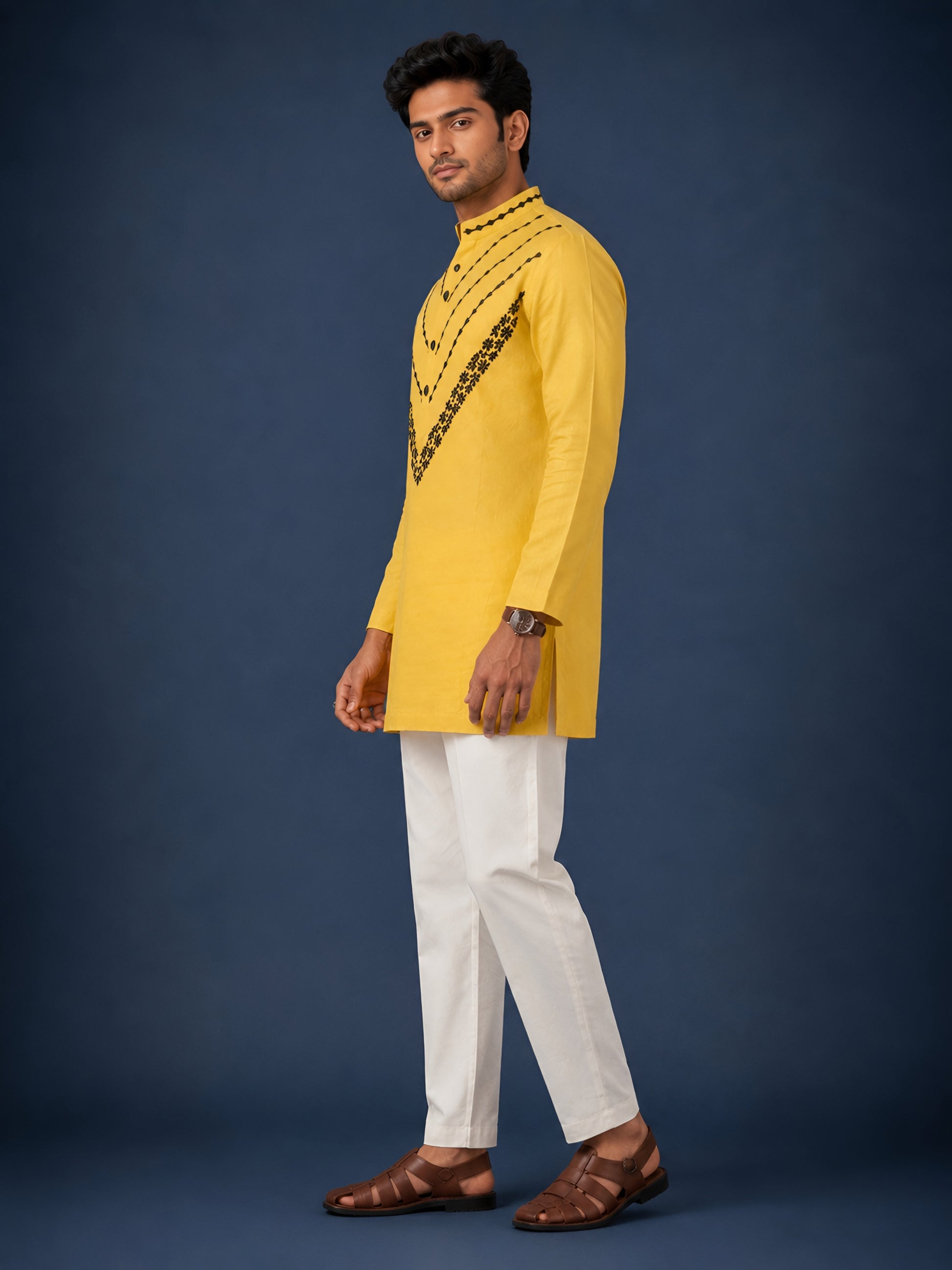 Premium Yellow Pure Linen Short Kurta for Men