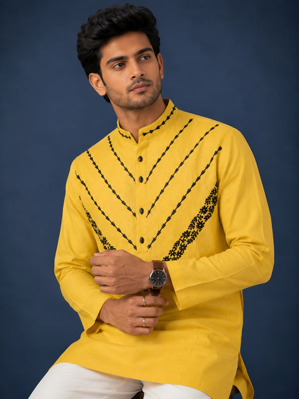 Premium Yellow Pure Linen Short Kurta for Men